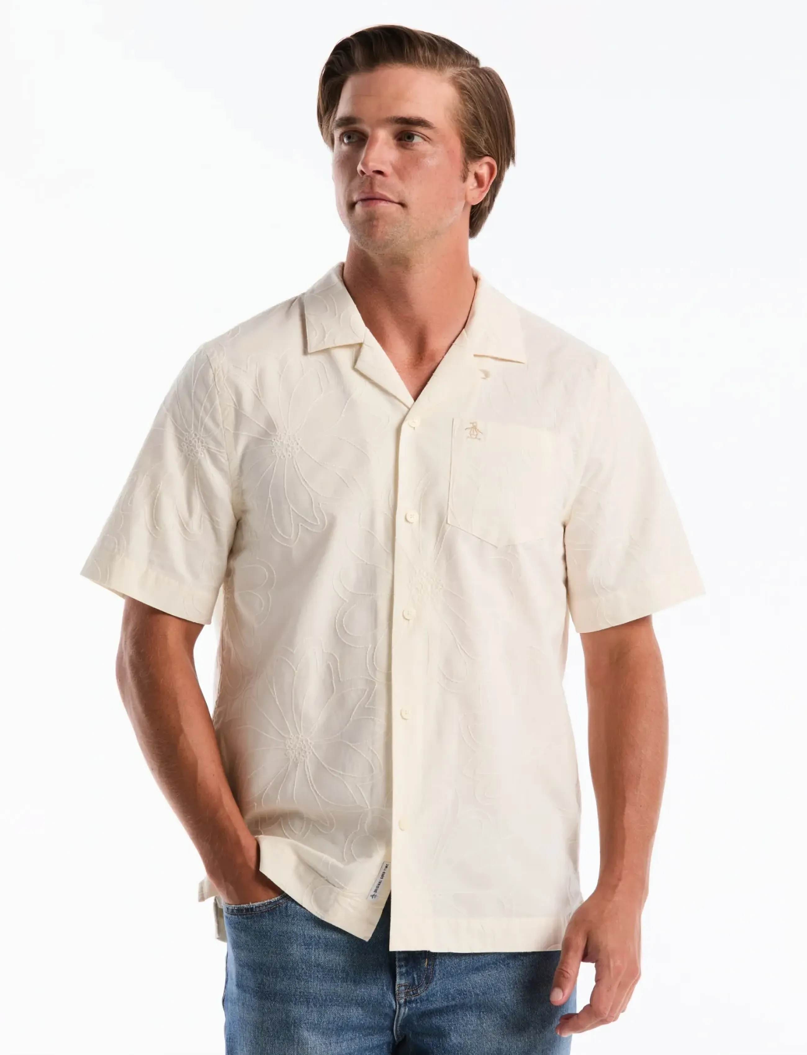 Original Penguin SS CAMP CTTN AO FLOW - Clothing - BIRCH / cream