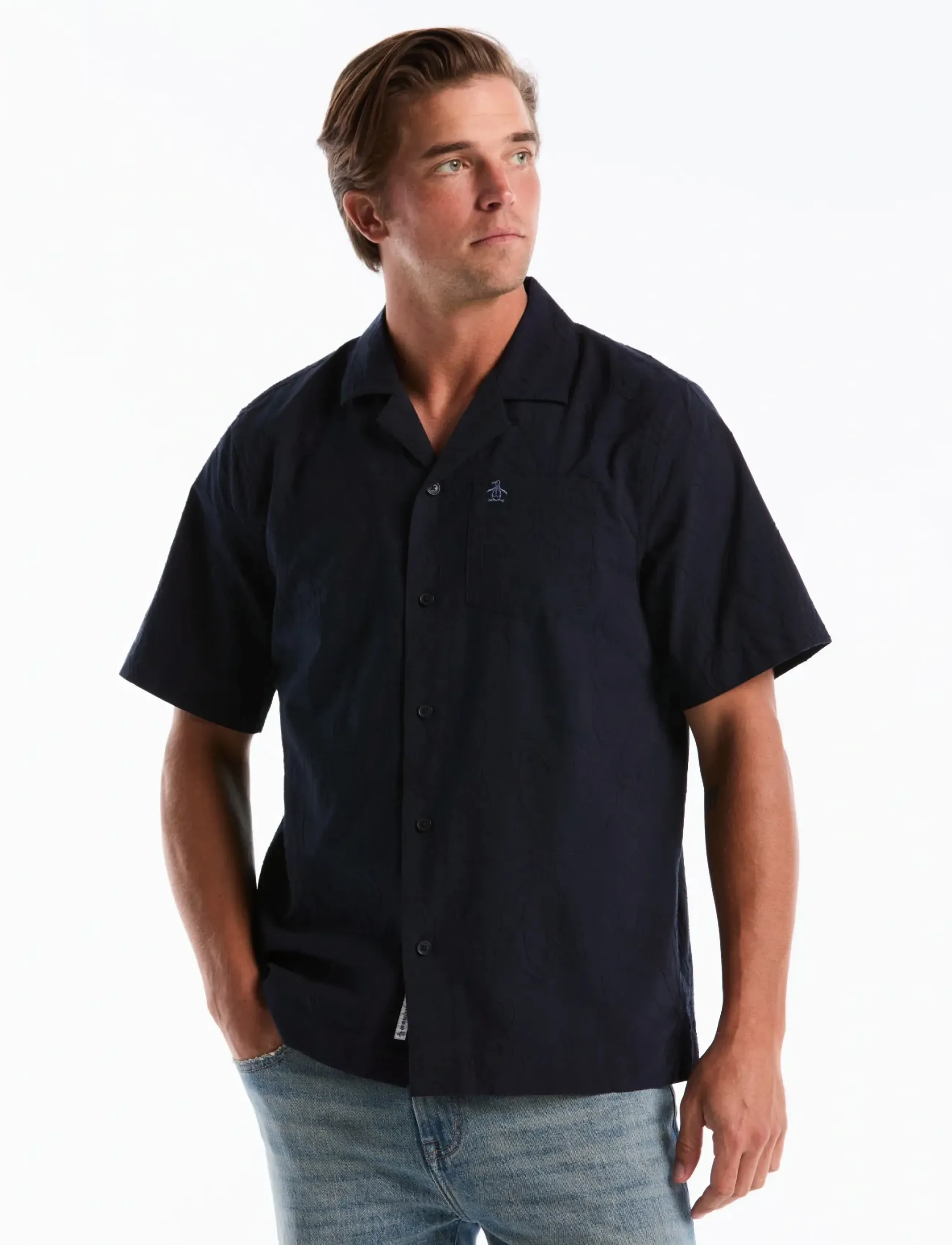 Original Penguin SS CAMP CTTN AO FLOW - Shirts - DARK SAPPHIRE / navy