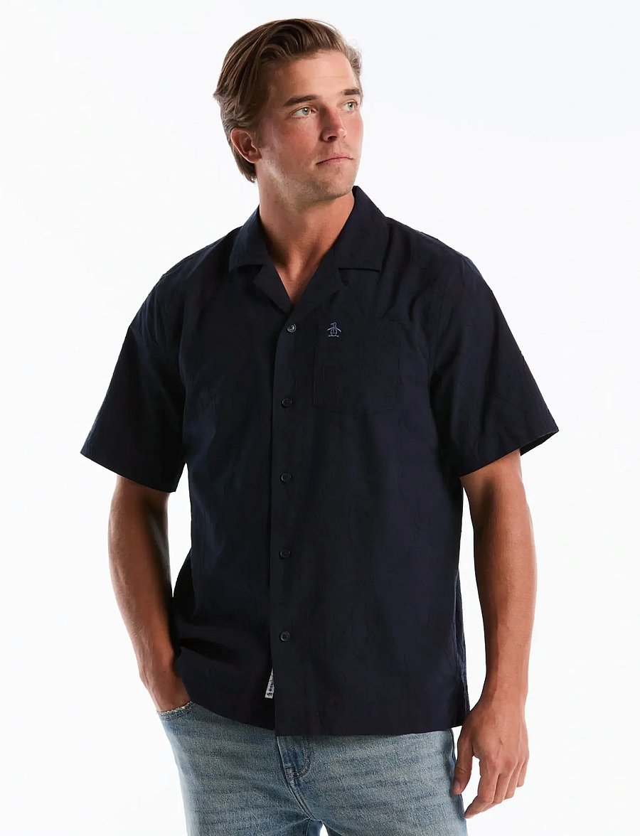 Original Penguin - SS CAMP CTTN AO FLOW - kortærmede skjorter - dark sapphire - 0