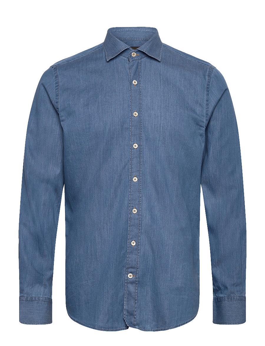 Oscar Jacobson - Slim Fit Cut Away Washed Denim Shirt - chamb blue - 0