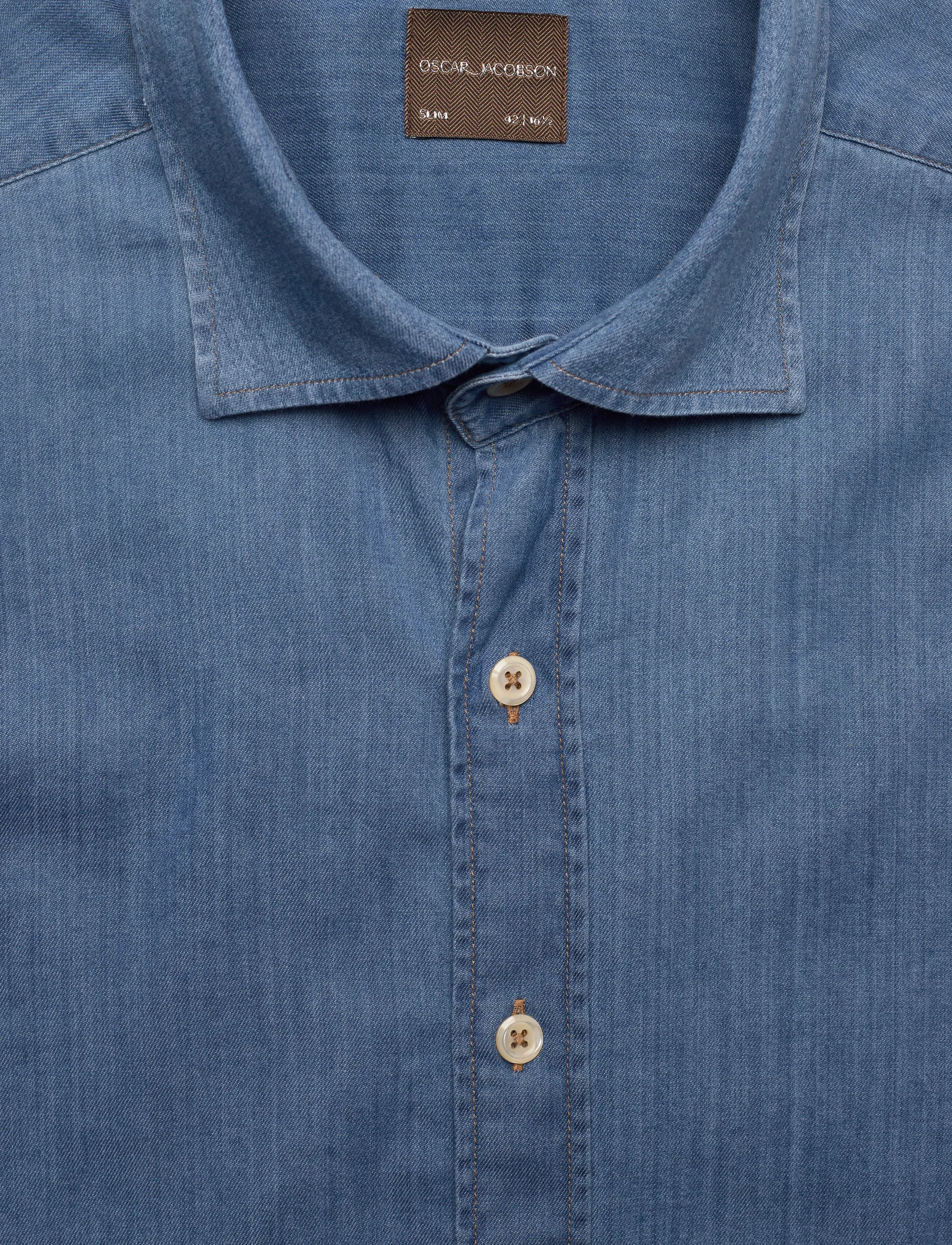 Oscar Jacobson - Slim Fit Cut Away Washed Denim Shirt - chamb blue - 2