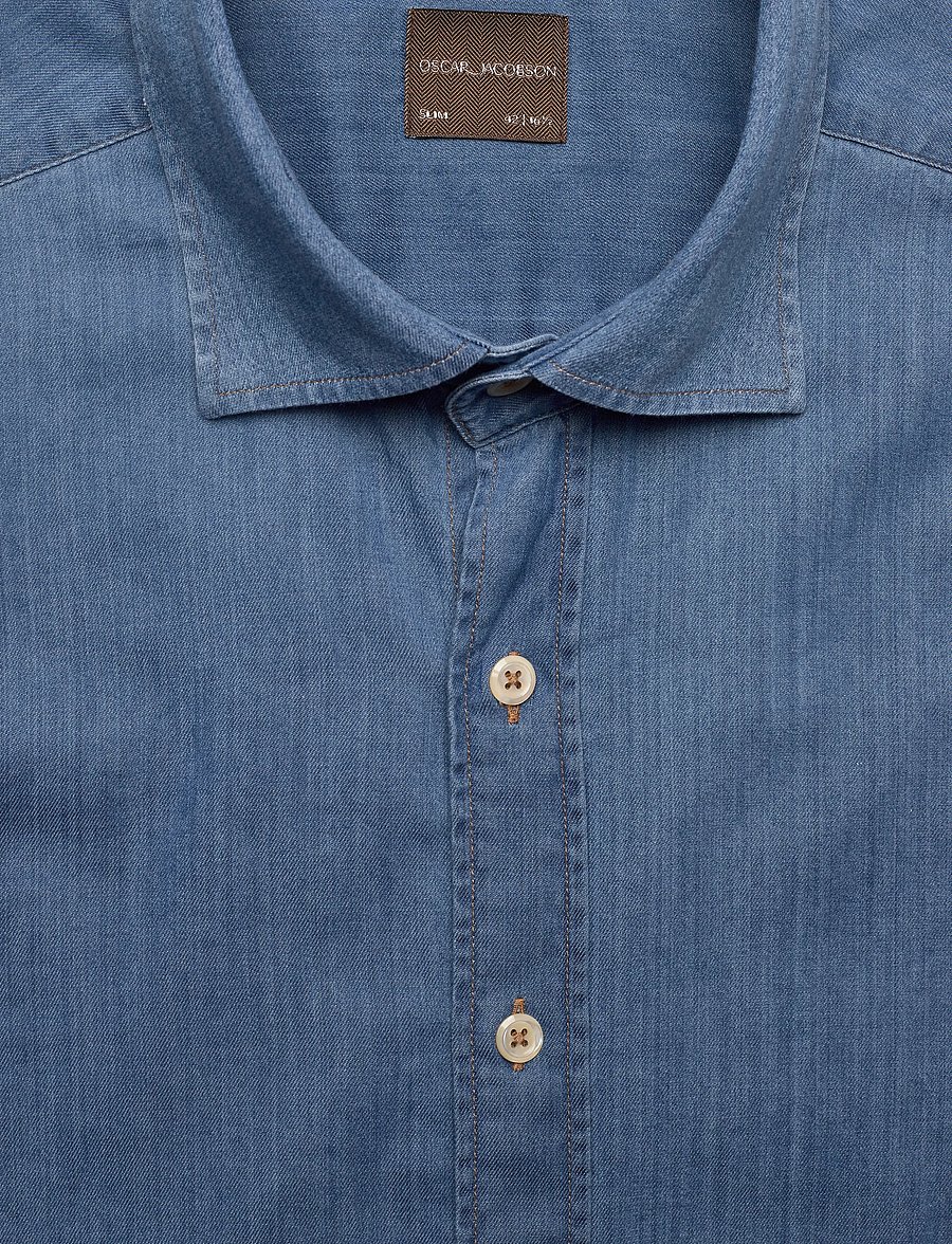 Oscar Jacobson - Slim Fit Cut Away Washed Denim Shirt - chamb blue - 2