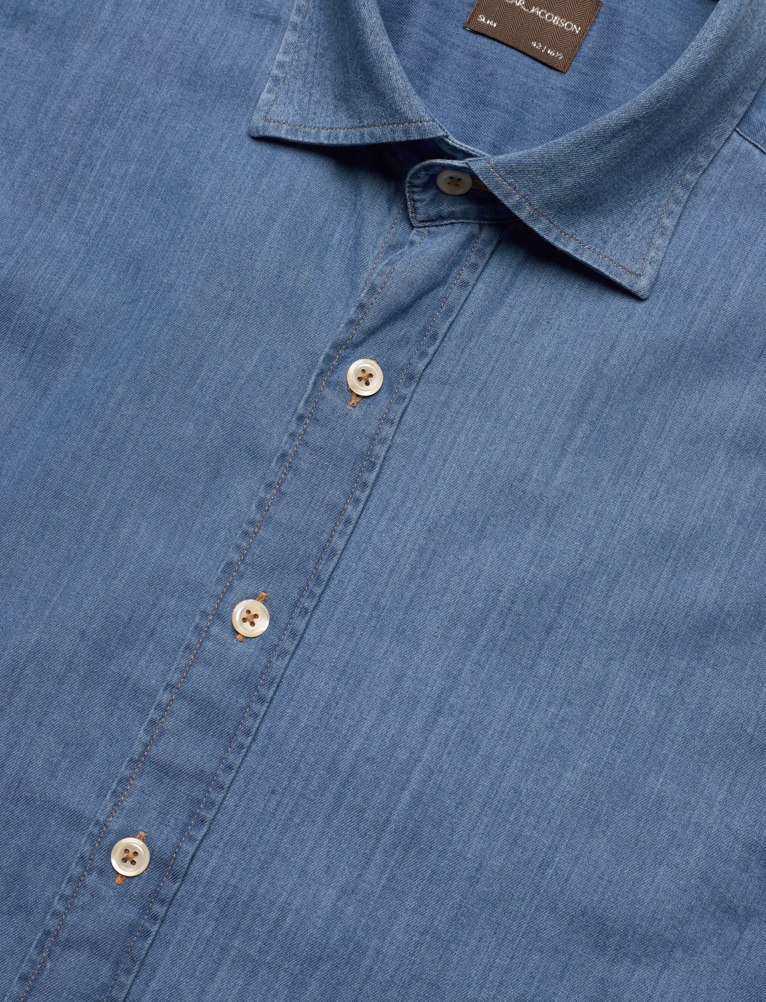 Oscar Jacobson - Slim Fit Cut Away Washed Denim Shirt - chamb blue - 3
