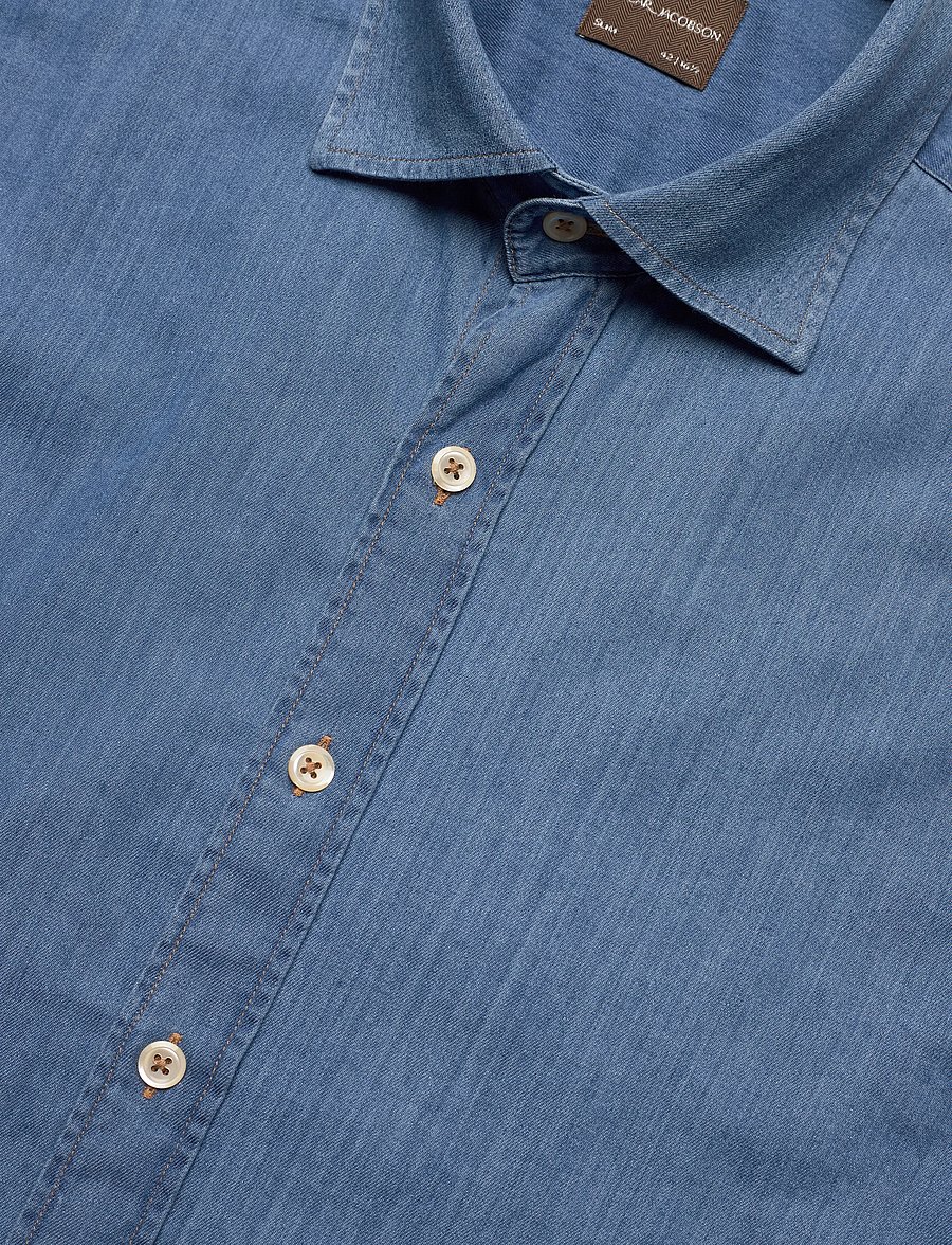 Oscar Jacobson - Slim Fit Cut Away Washed Denim Shirt - chamb blue - 3