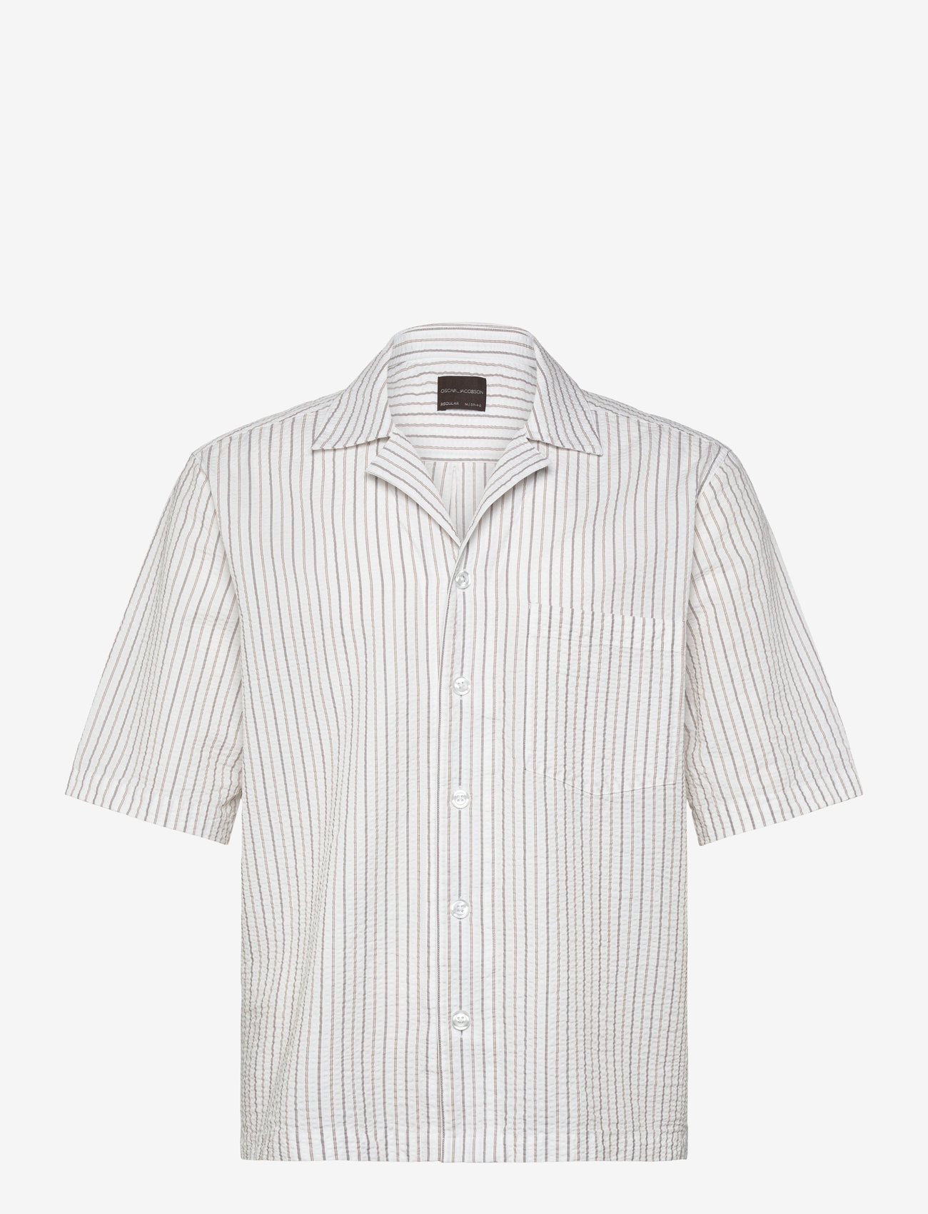 Oscar Jacobson - Reg Fit Cuban SS Striped Seersucker Shirt - kortærmede skjorter - snow white - 0