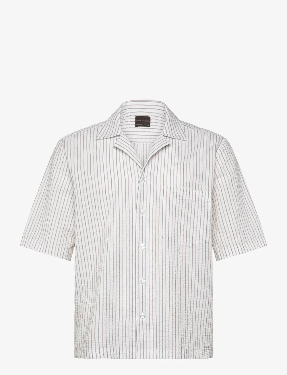 Oscar Jacobson - Reg Fit Cuban SS Striped Seersucker Shirt - kortärmade skjortor - snow white - 0