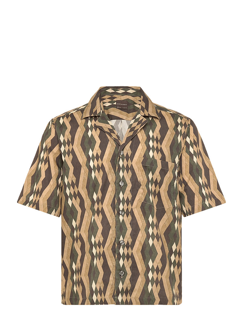 Oscar Jacobson - Reg Fit Cuban SS Tile Print - basic shirts - forest green - 0