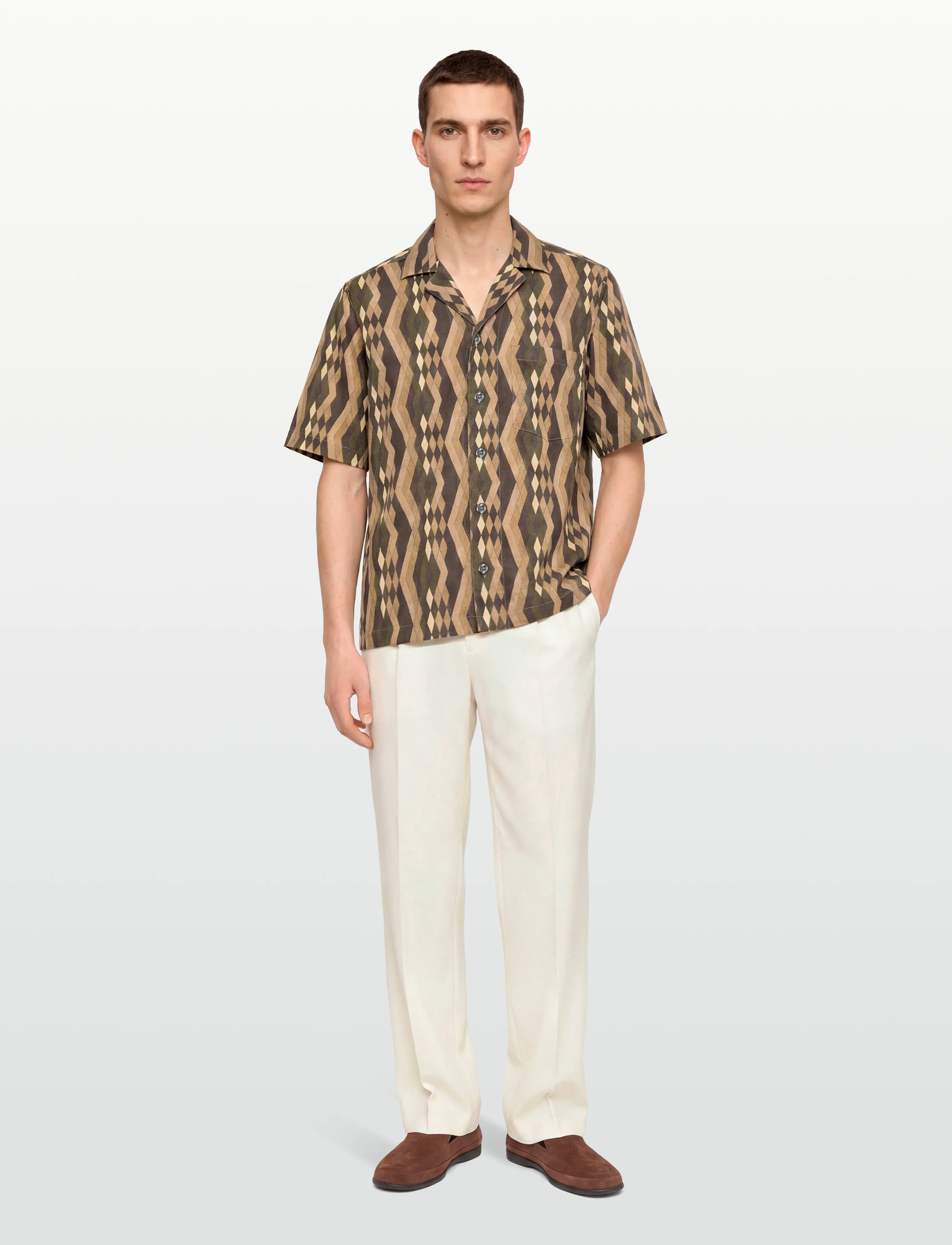 Oscar Jacobson Reg Fit Cuban SS Tile Print - Clothing - FOREST GREEN / khaki/green