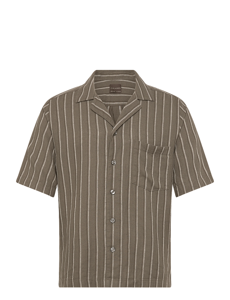 Oscar Jacobson - Reg Fit Cuban SS Herringbone Stripe Shirt - basic skjorter - matt green - 0