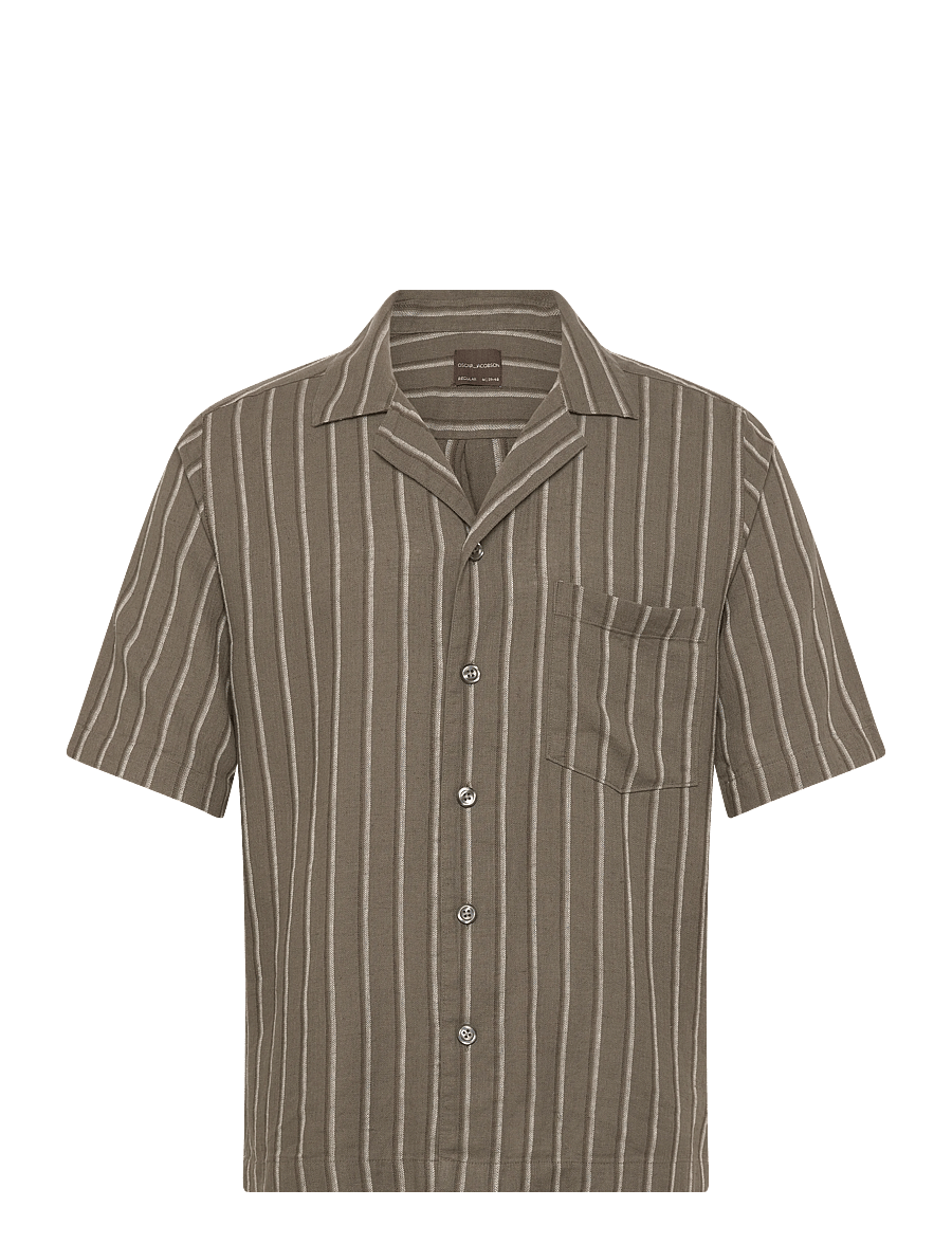 Oscar Jacobson - Reg Fit Cuban SS Herringbone Stripe Shirt - basic-hemden - matt green - 0