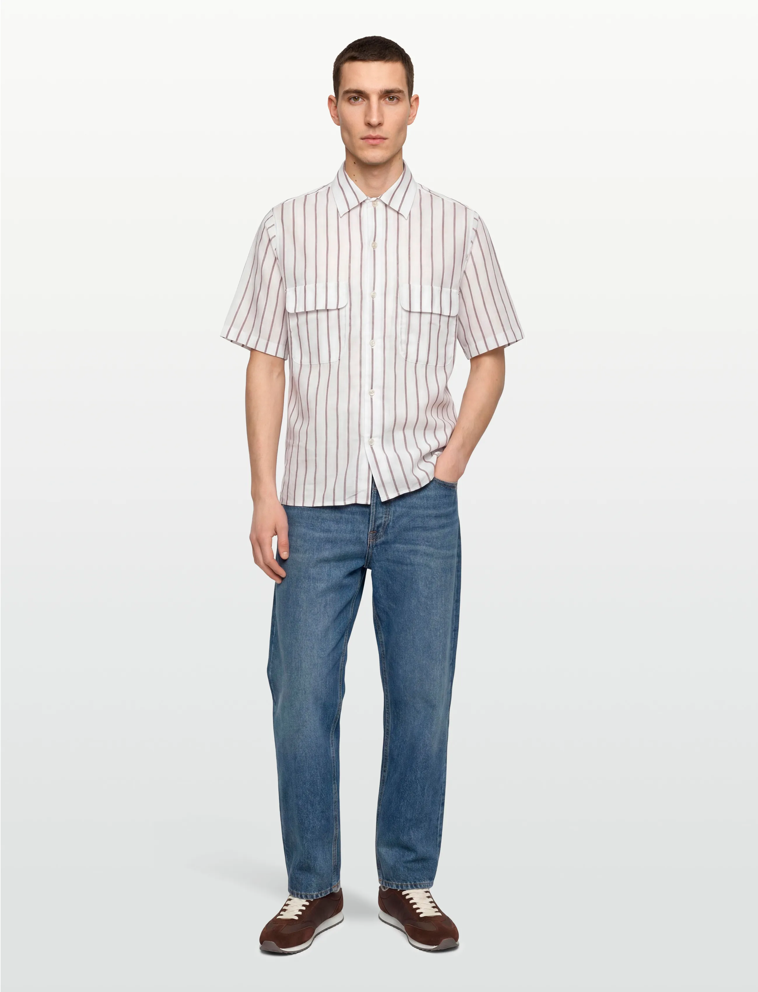 Oscar Jacobson Reg Fit City Ss Striped Shirt, S, White, Shirts > Striped Shirts, Herre
