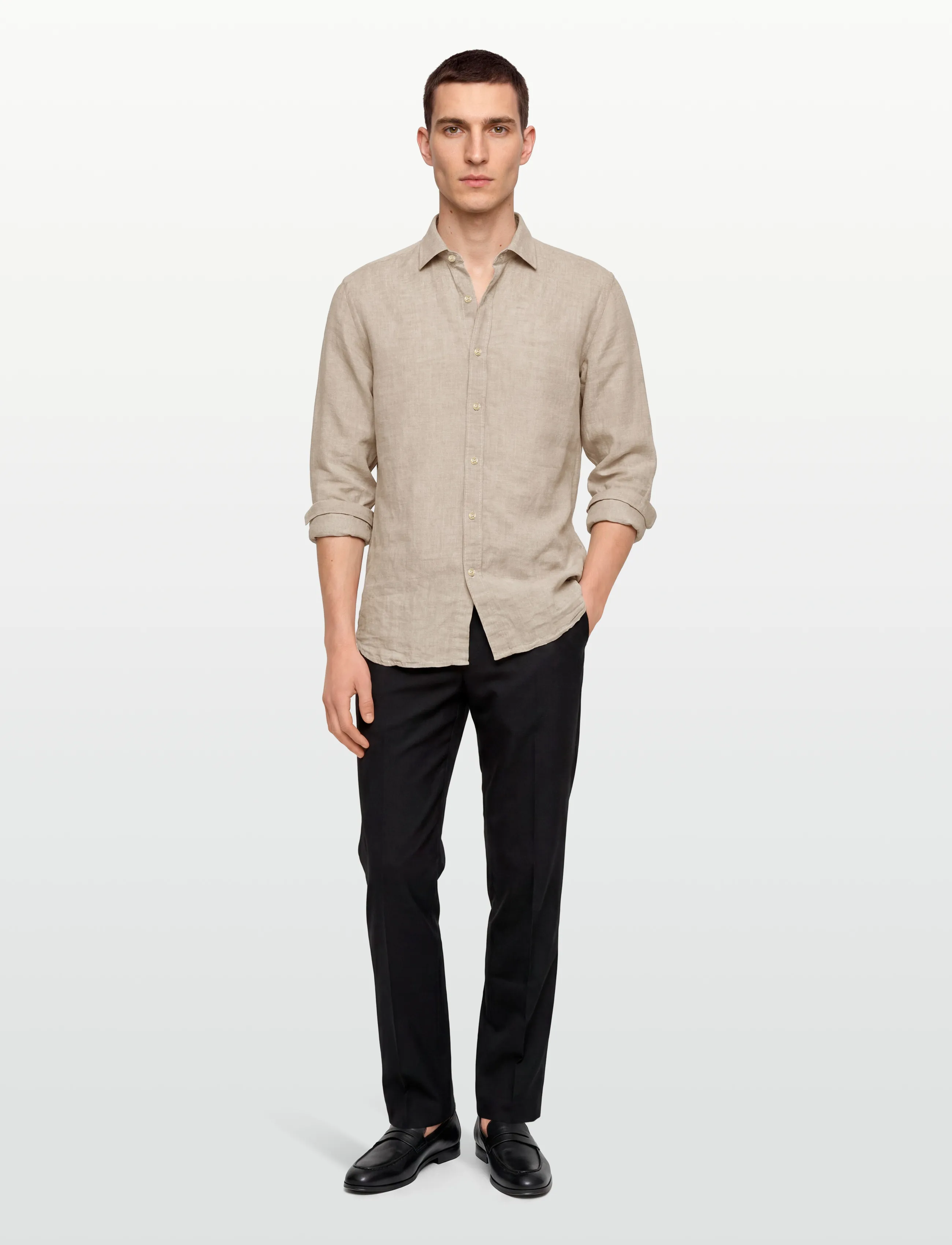 Oscar Jacobson Reg Fit Cut Away Linen Shirt, Mænd, Regular Fit Cut Away Hør Skjorte, Beige, Str: XXL