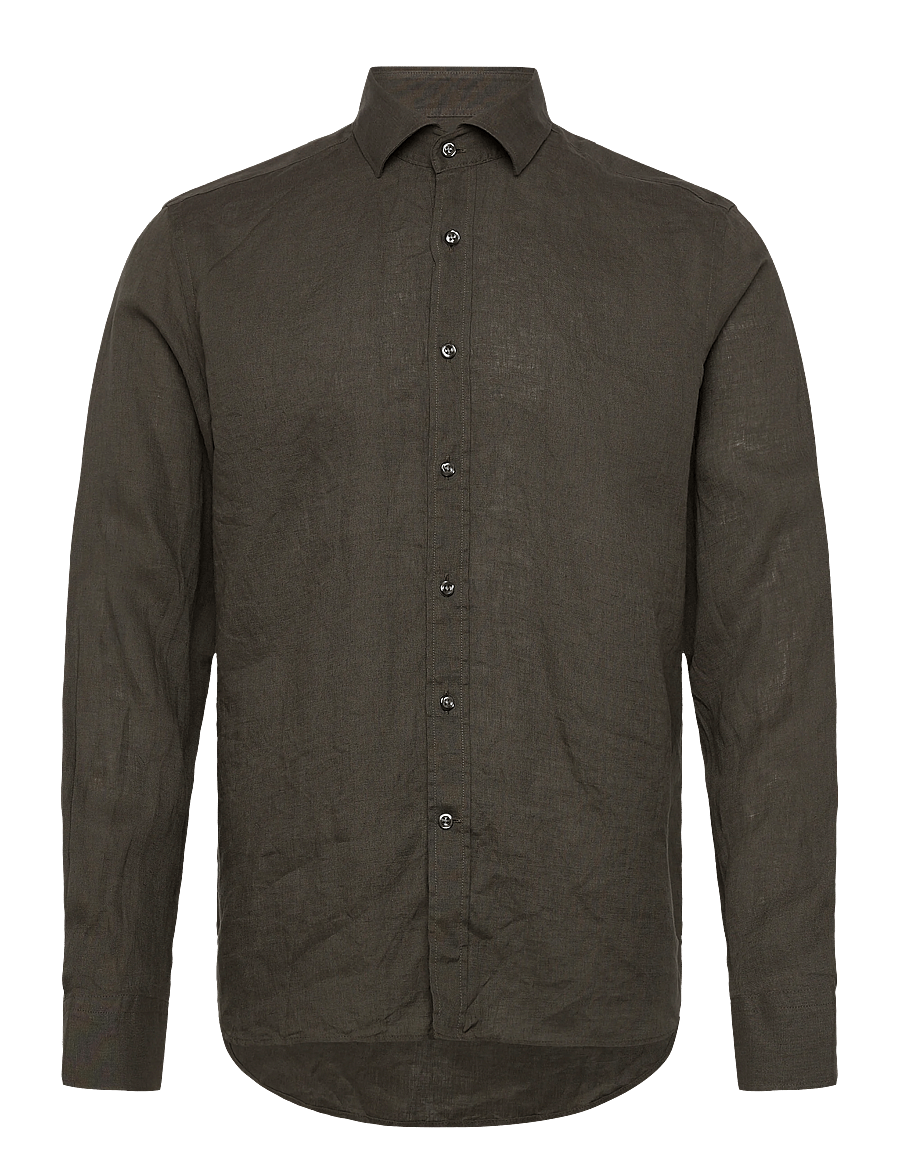 Oscar Jacobson - Reg Fit Cut Away Linen Shirt - basic skjorter - army green - 1
