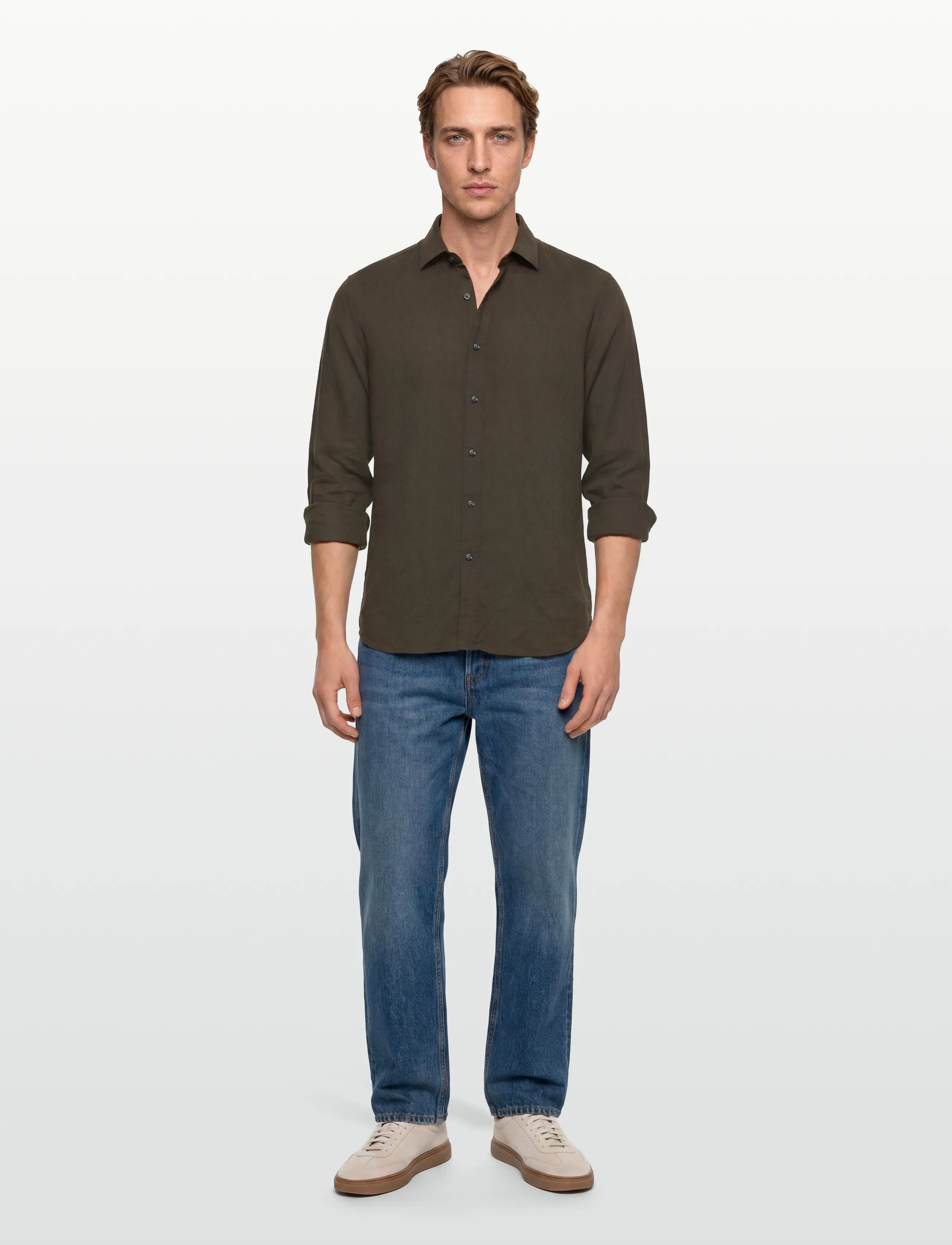 Oscar Jacobson Reg Fit Cut Away Linen Shirt, Mænd, Regular Fit Cut Away Hør Skjorte, Kakigrøn, Str: XL
