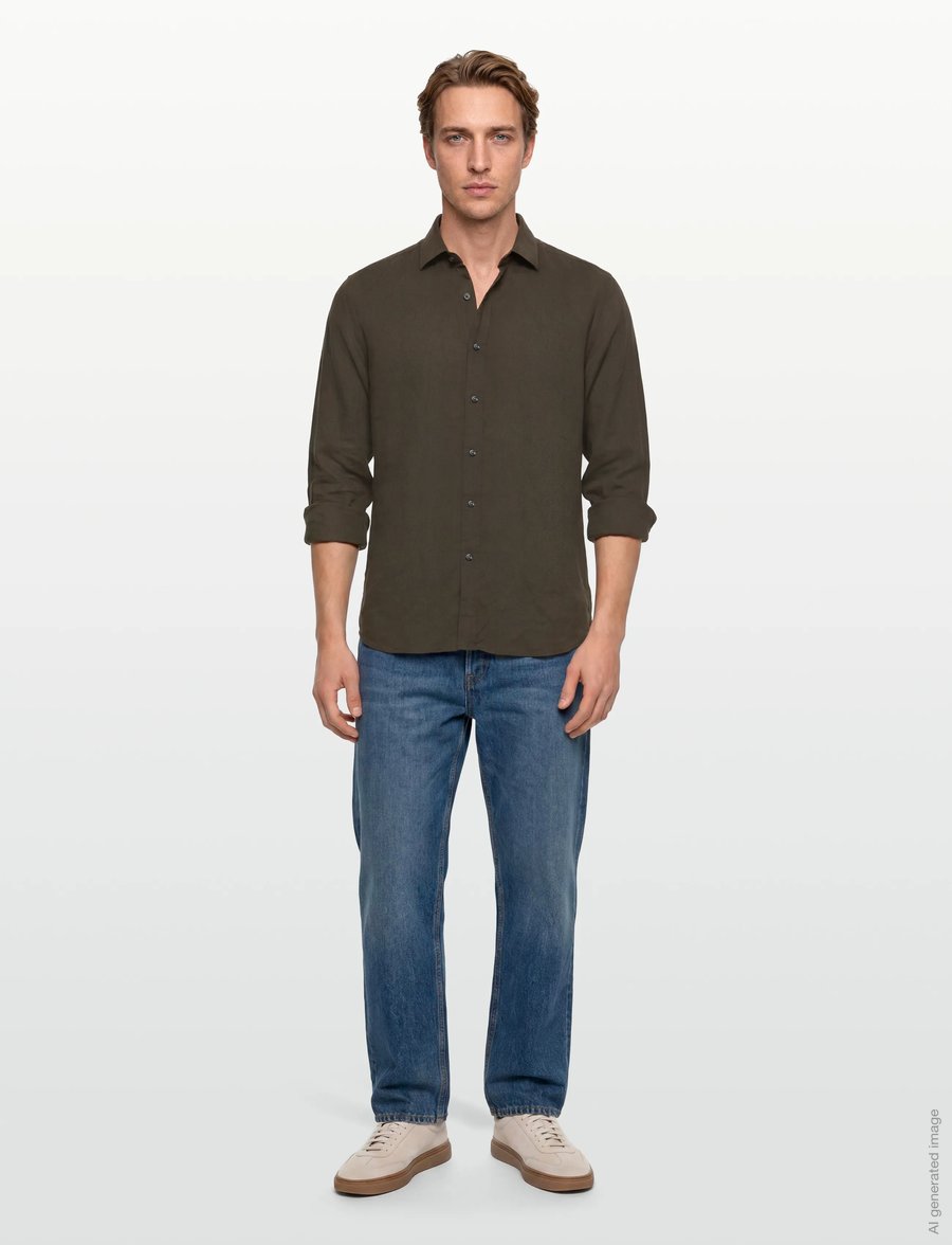 Oscar Jacobson - Reg Fit Cut Away Linen Shirt - basic skjorter - army green - 0