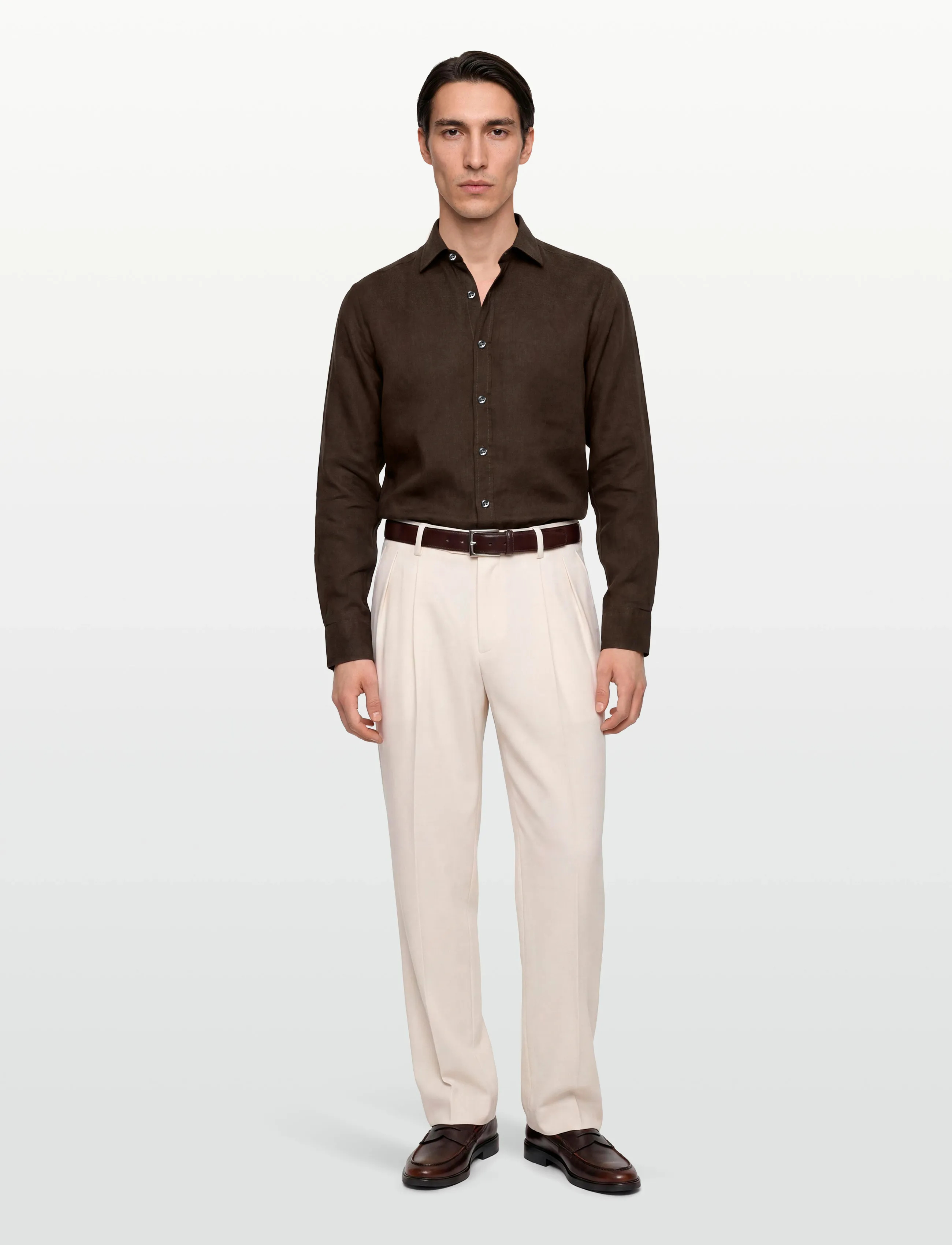 Oscar Jacobson Reg Fit Cut Away Linen Shirt, Mænd, Regular Fit Cut Away Hør Skjorte, Brun, Str: M