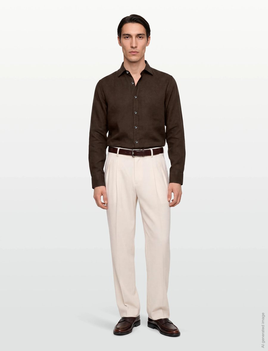 Oscar Jacobson - Reg Fit Cut Away Linen Shirt - basic skjorter - brown elk - 0