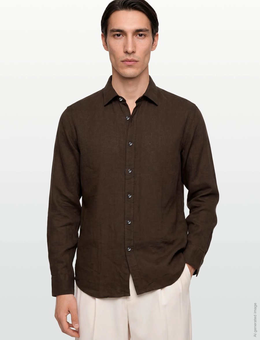 Oscar Jacobson - Reg Fit Cut Away Linen Shirt - basic skjorter - brown elk - 3
