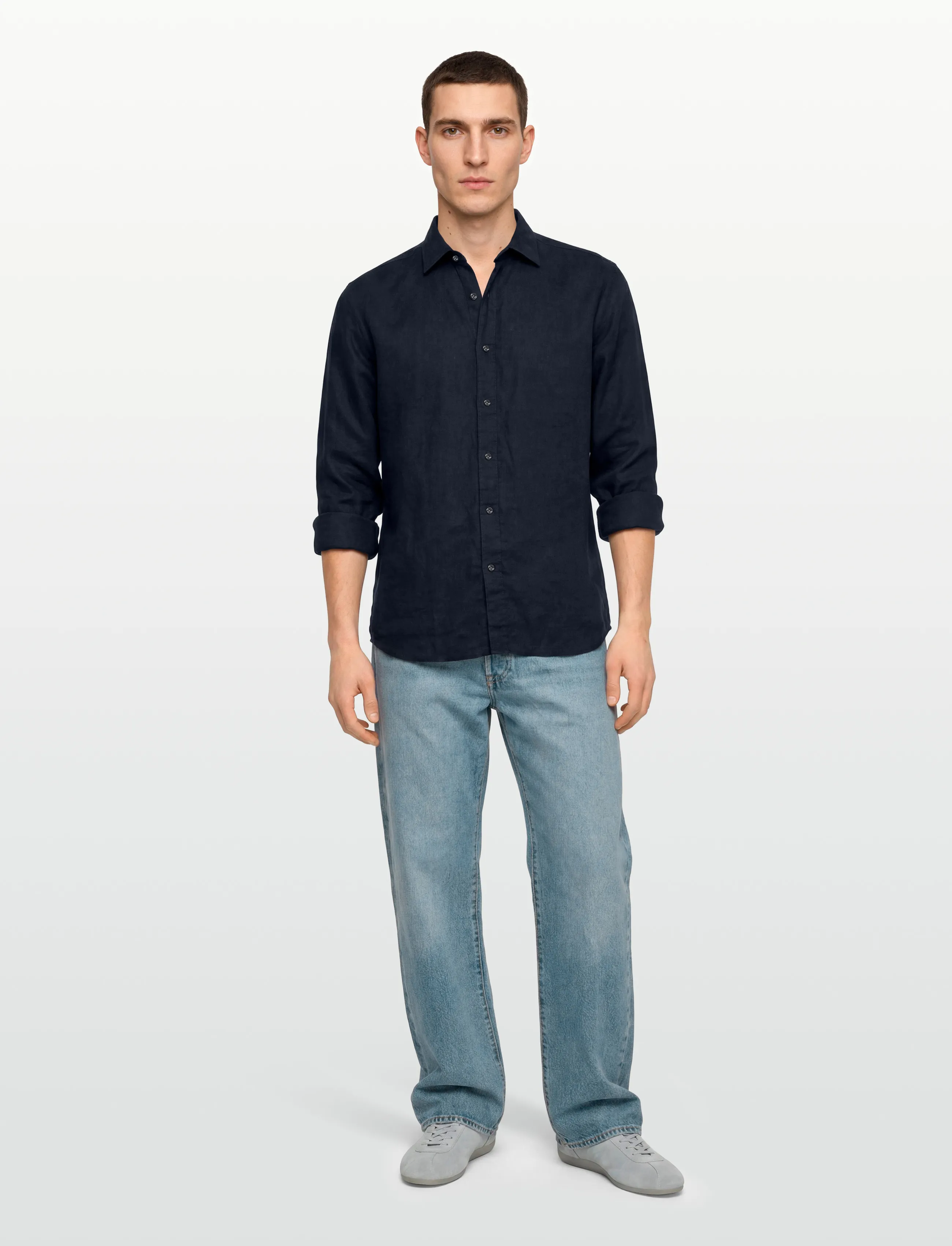 Oscar Jacobson Reg Fit Cut Away Linen Shirt, Mænd, Regular Fit Cut Away Hør Skjorte, Navy, Str: M