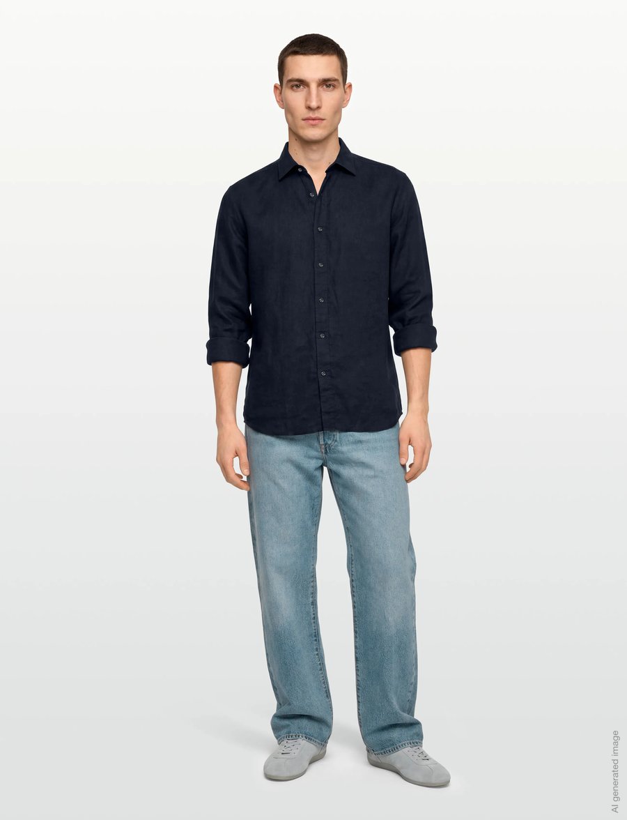 Oscar Jacobson - Reg Fit Cut Away Linen Shirt - linen shirts - navy - 0
