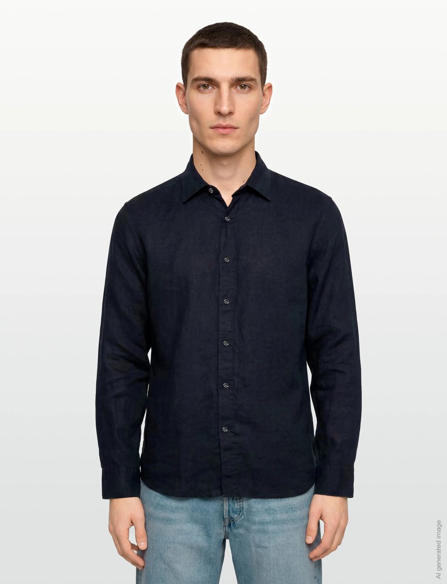 Oscar Jacobson - Reg Fit Cut Away Linen Shirt - chemises basiques - navy - 3