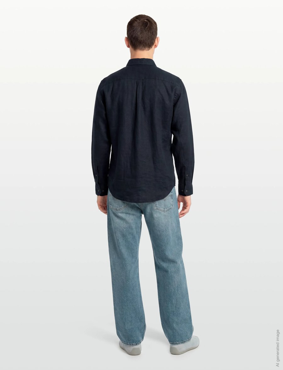 Oscar Jacobson - Reg Fit Cut Away Linen Shirt - linen shirts - navy - 4