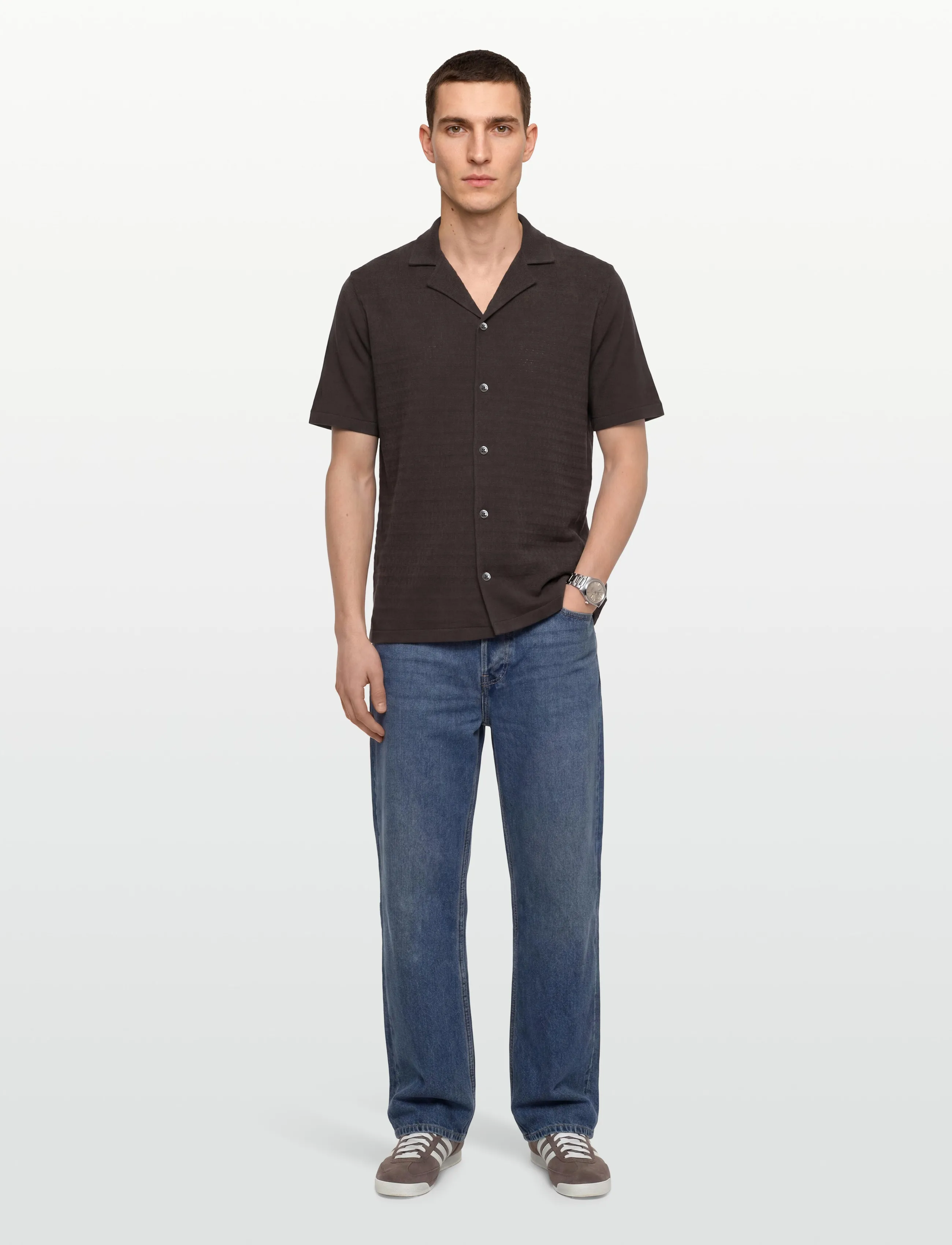 Oscar Jacobson Kirk Knitted Shirt, XL, Brown, Skjorter > Kortærmede Shirts, Herre