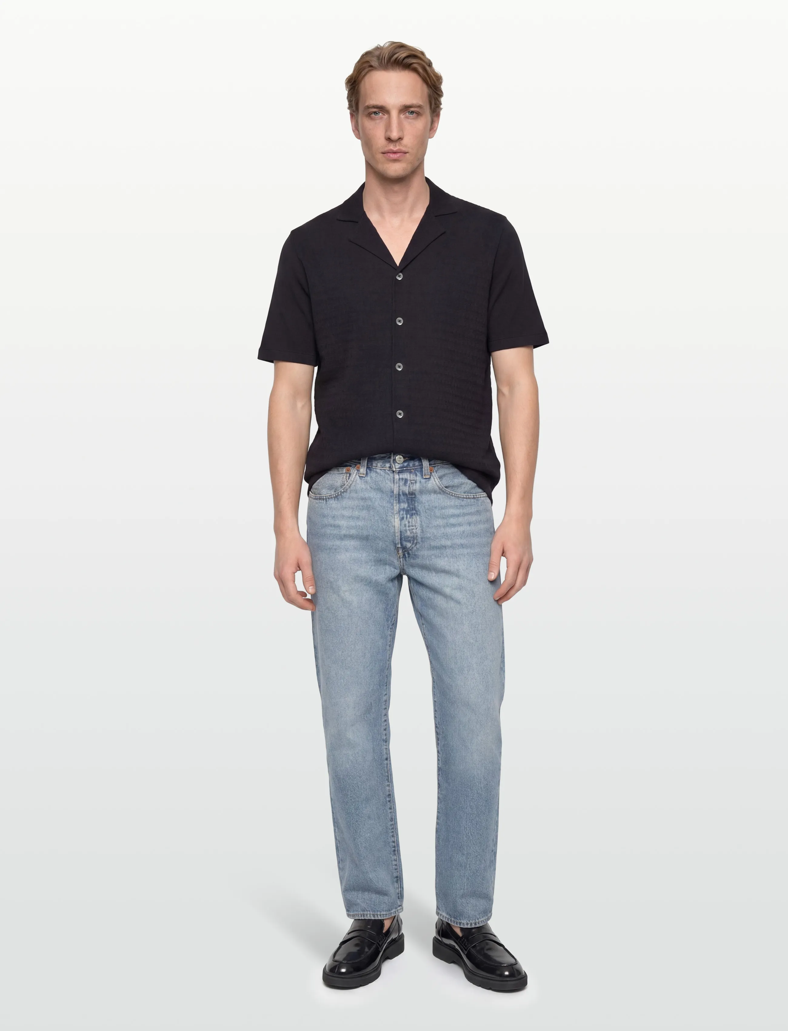 Oscar Jacobson Kirk Knitted Shirt, S, Navy, Skjorter > Kortærmede Shirts, Herre