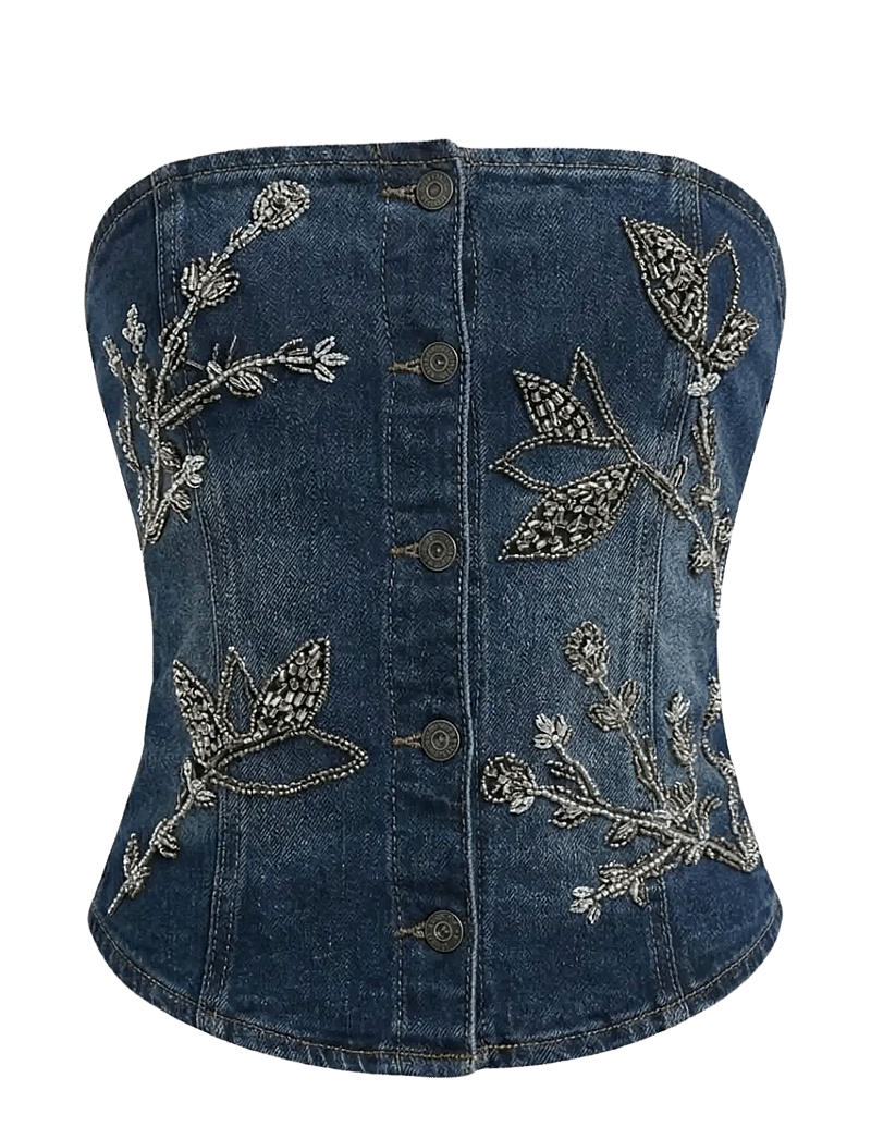 OW Collection - NOVA Embellished Denim Top - sleeveless tops - dark wash - 1