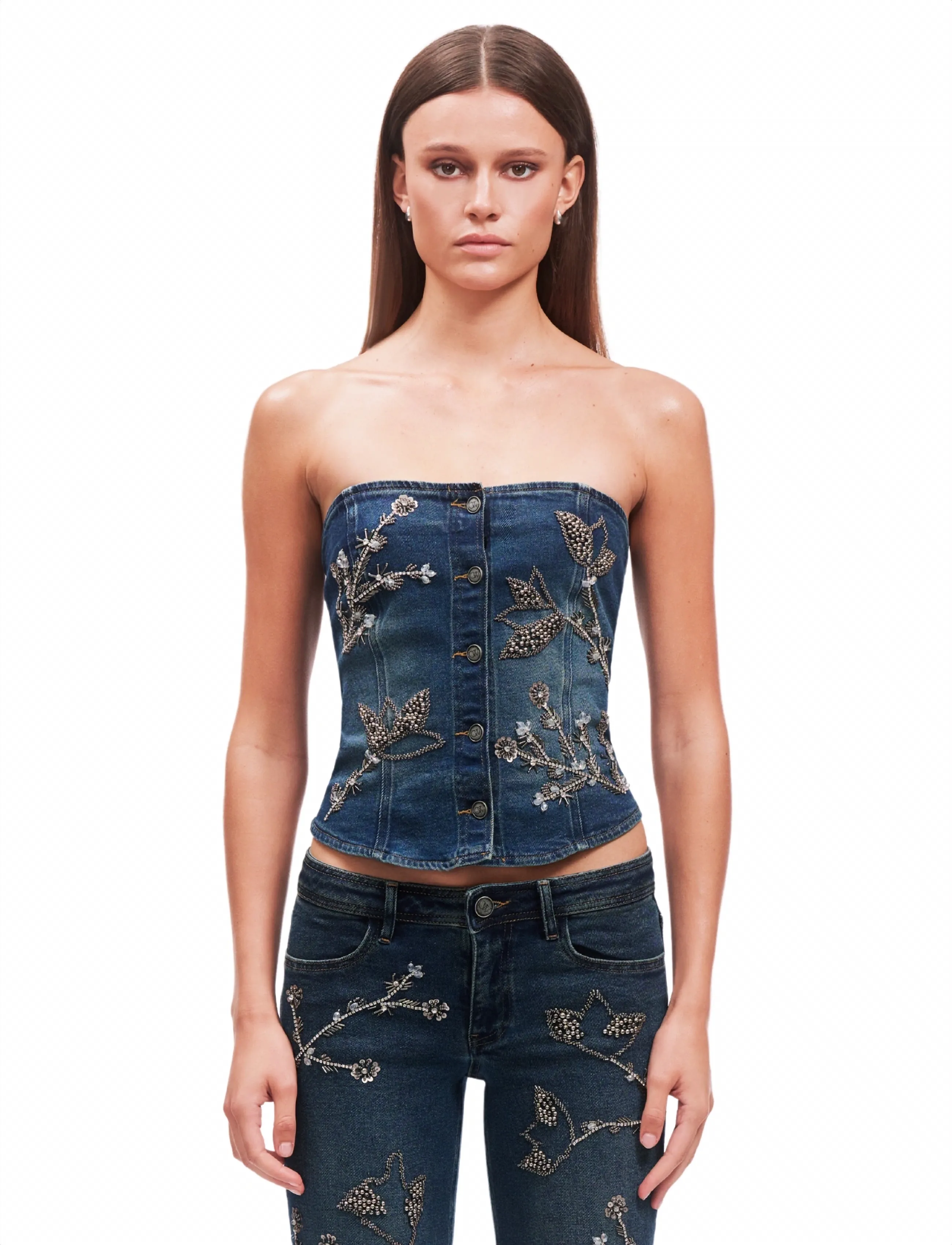 OW Collection Nova Embellished Denim Top, Kvinder, Udsmykket Denim Korset Top, Blå, Str: XS