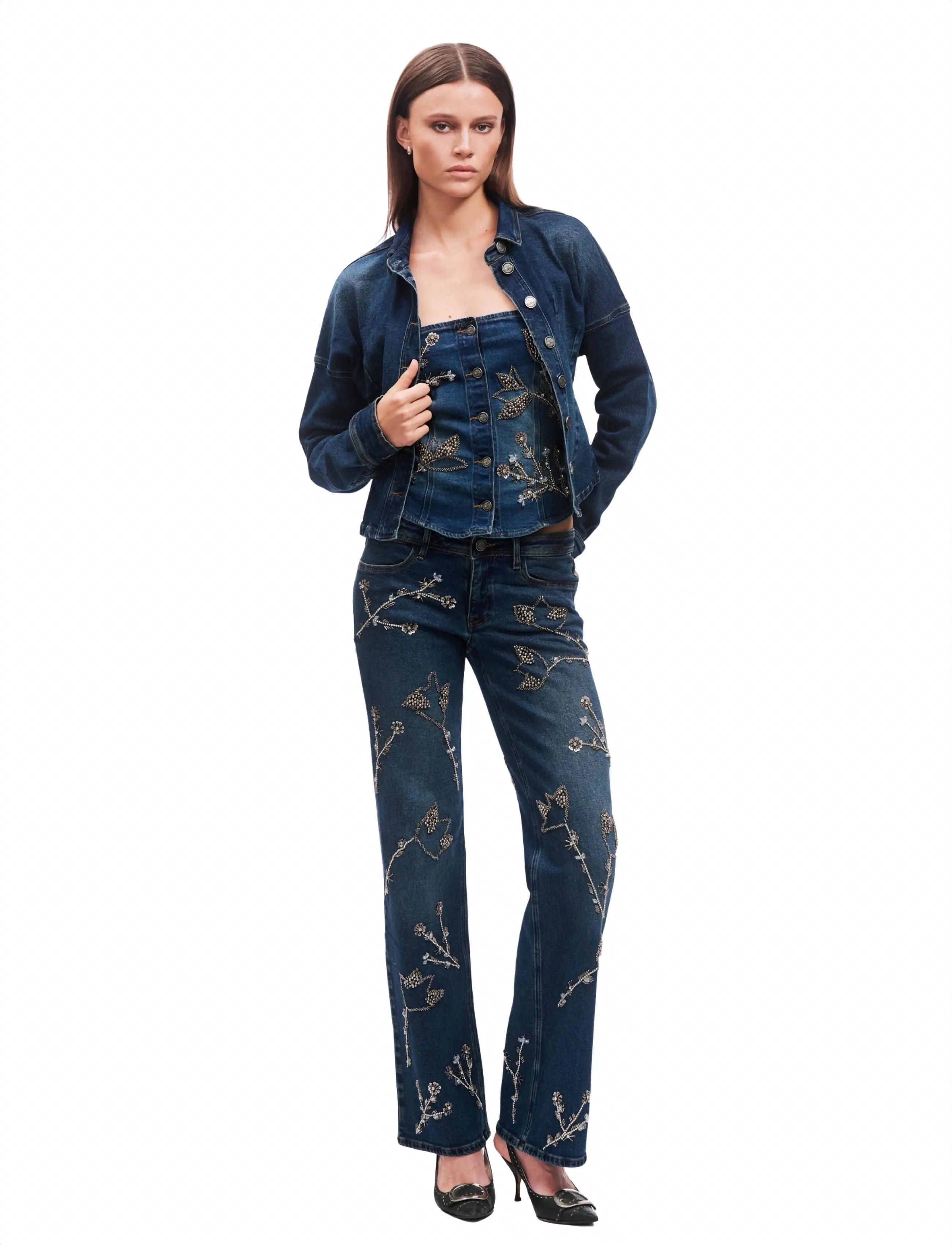 OW Collection NOVA Embellished Denim Jeans - Transitional Layering - DARK WASH / blue