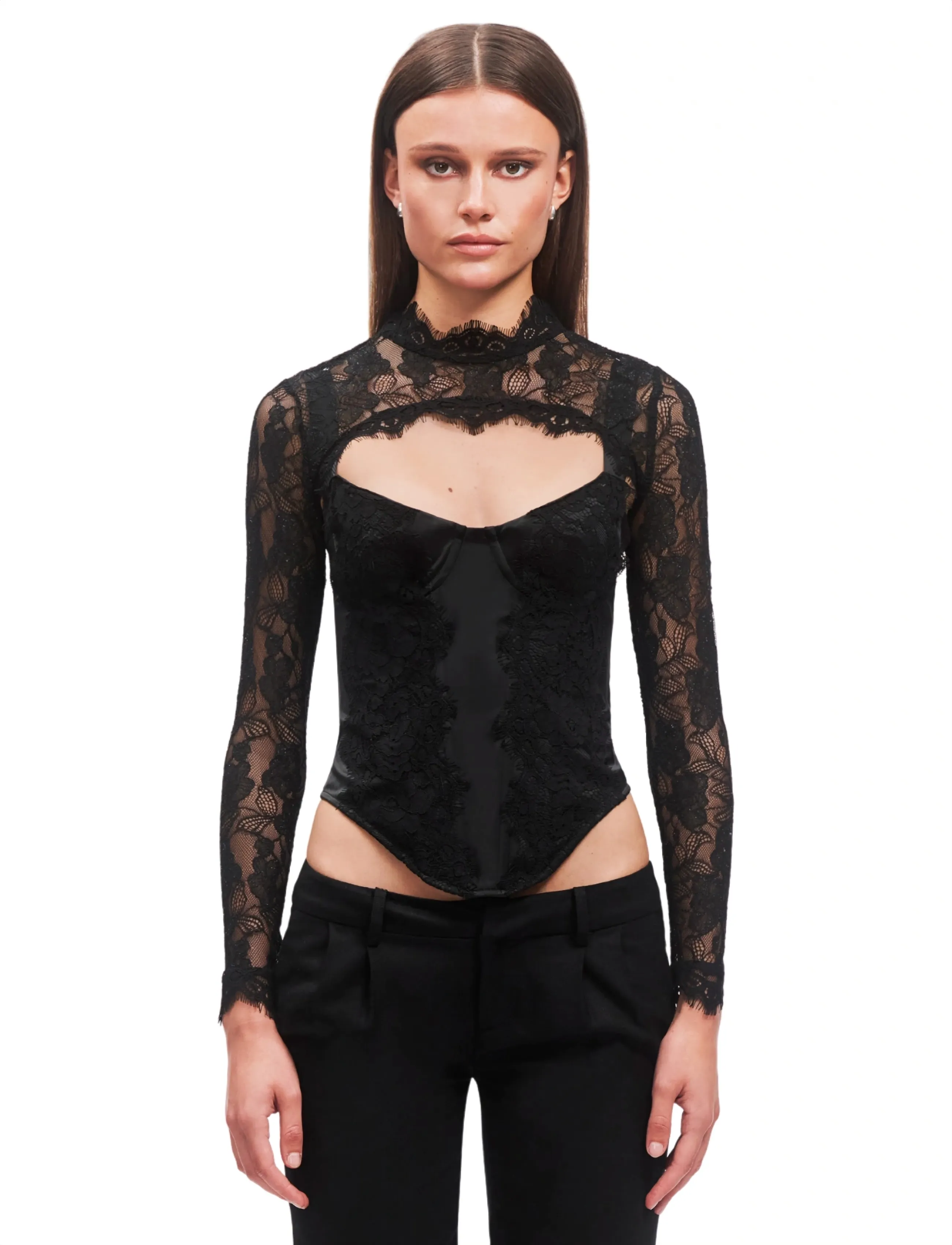OW Collection Brisa Corset Top (2-Piece), Kvinder, Højhalset Blonde Korset Top, Sort, Str: XS