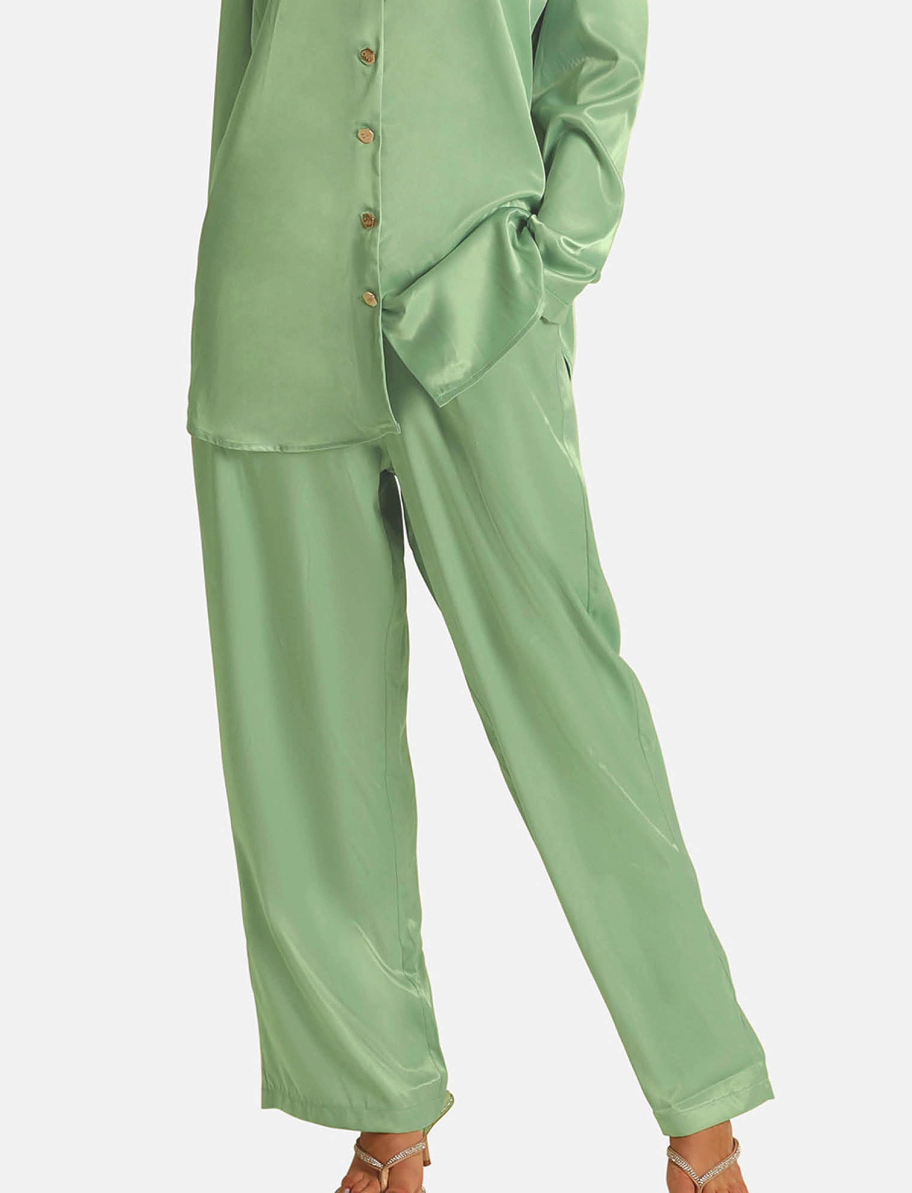 OW Collection Frankie Pants, Kvinder, Vide Satinbukser, Grøn, Str: XL