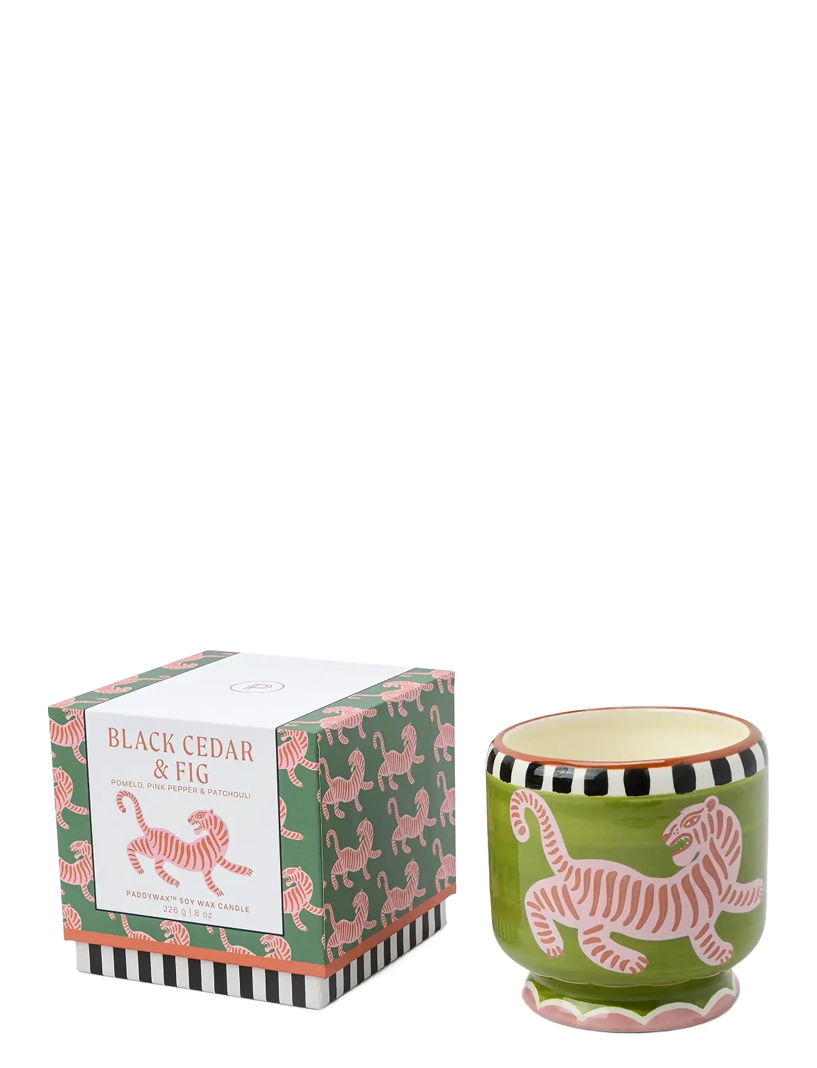 Paddywax Duftlys Adopo, Tiger Sort Cedertræ & Fig, Bloklys, Grøn, Str: Ø 9 CM