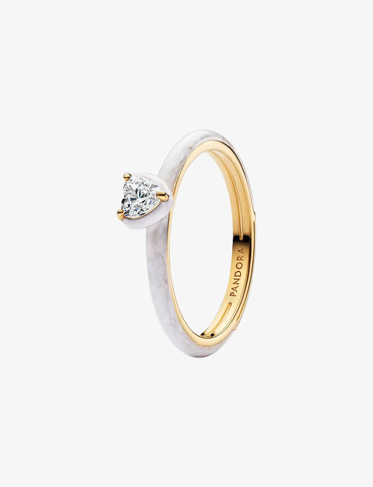 Pandora - Heart 14k gold-plated ring with clear cubic zirconia and shimmering white enamel - ringe - white - 1
