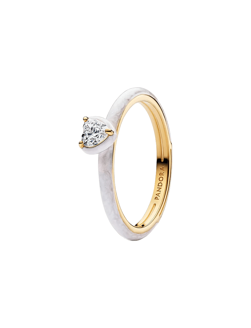 Pandora - Heart 14k gold-plated ring with clear cubic zirconia and shimmering white enamel - ringar - white - 1