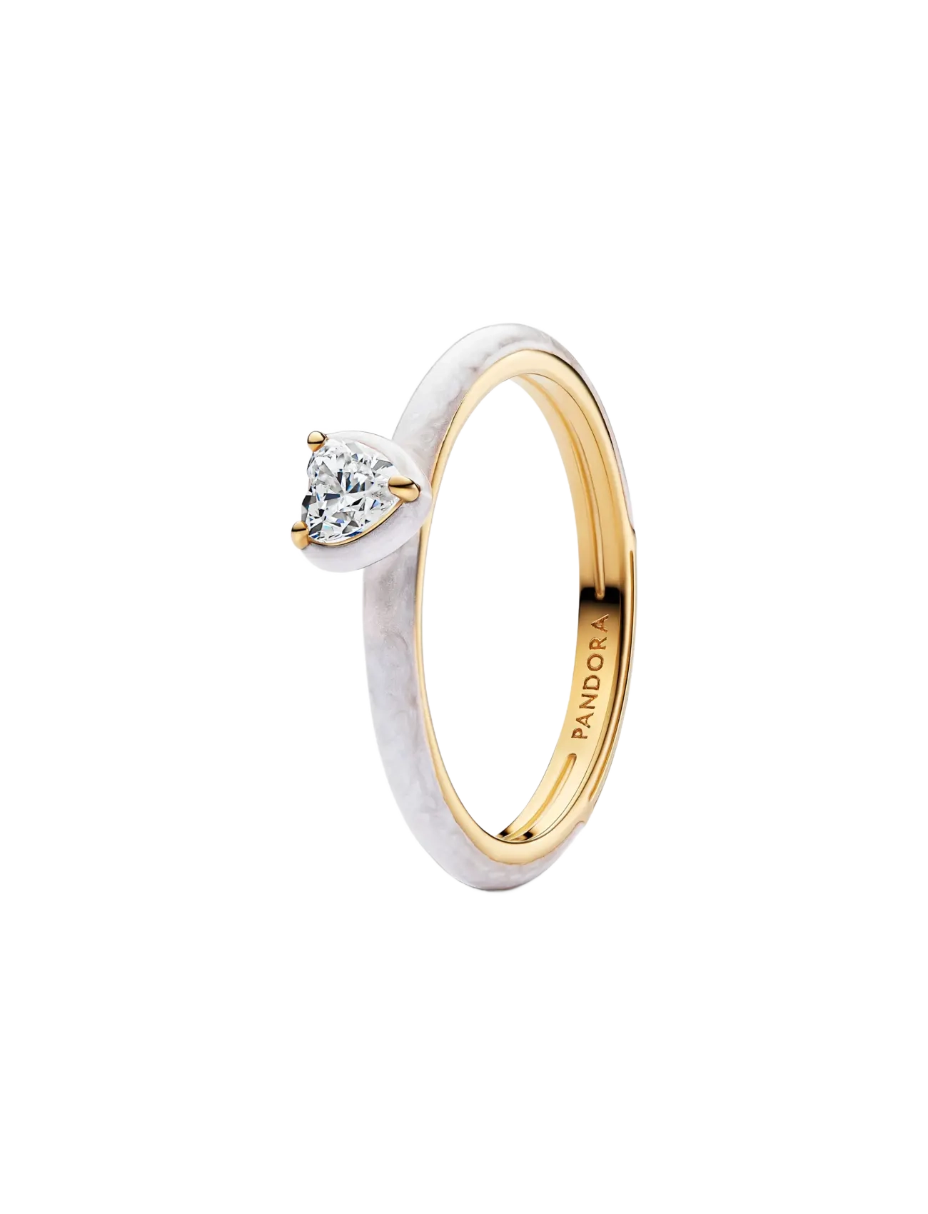 Pandora - Heart 14k gold-plated ring with clear cubic zirconia and shimmering white enamel - ringar - white - 1