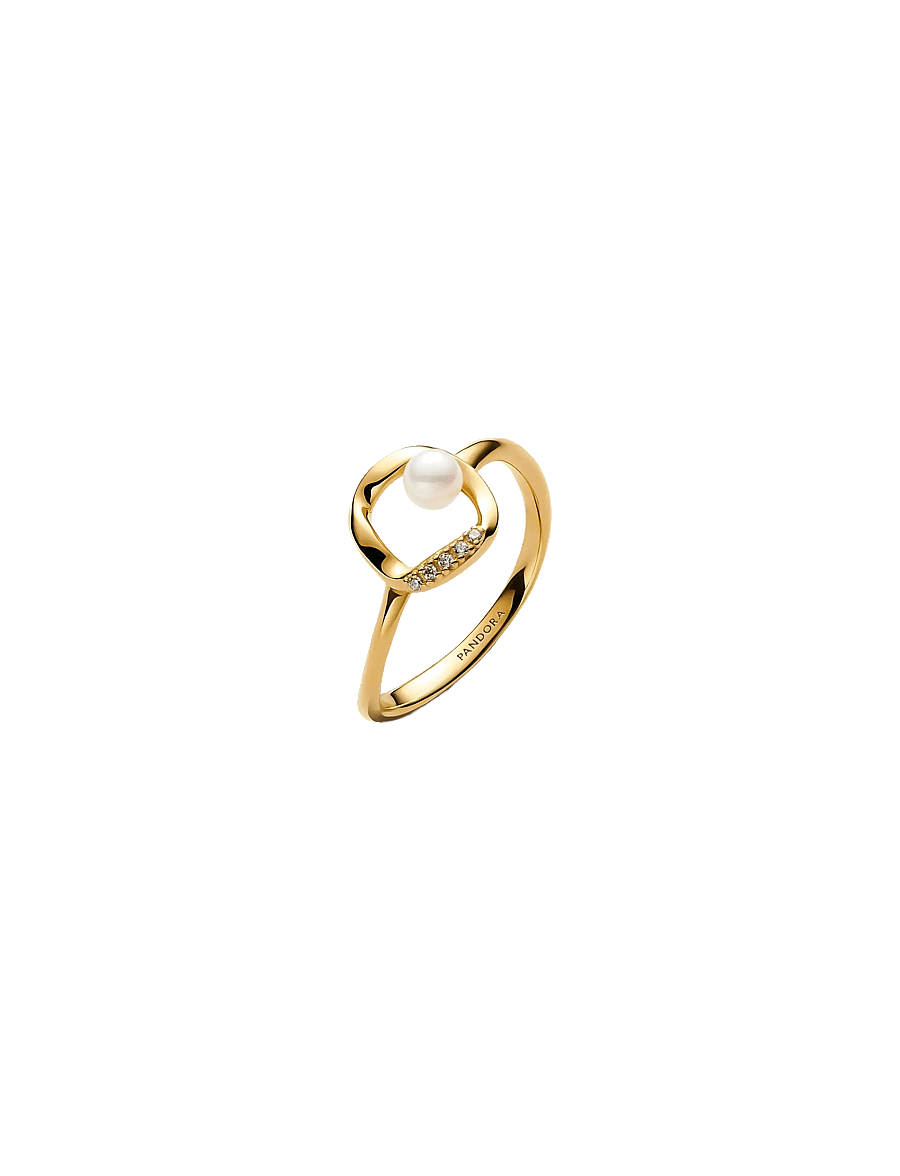 Pandora - 14k gold-plated ring with treated white freshwater cultured pearl and clear cubic zirconia - ringar - white - 1