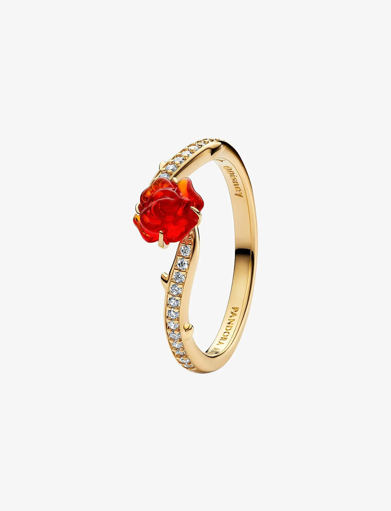 Pandora - Disney Beauty and The Beast Rose 14k gold-plated ring with clear cubic zirconia and red Murano glass - ringar - red - 1