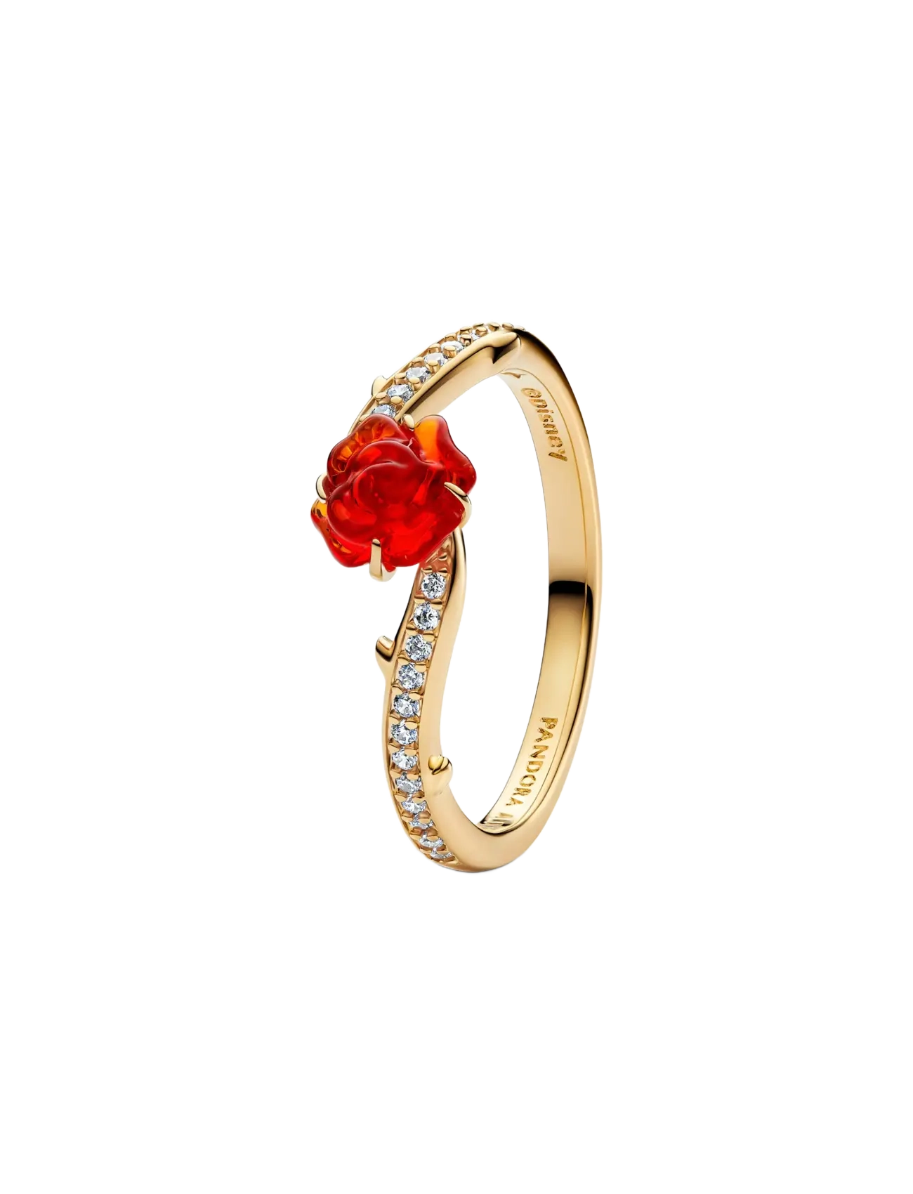 Pandora Disney Beauty and The Beast Rose 14k gold-plated ring with clear cubic zirconia and red Murano glass - Samarbejder - RED / red