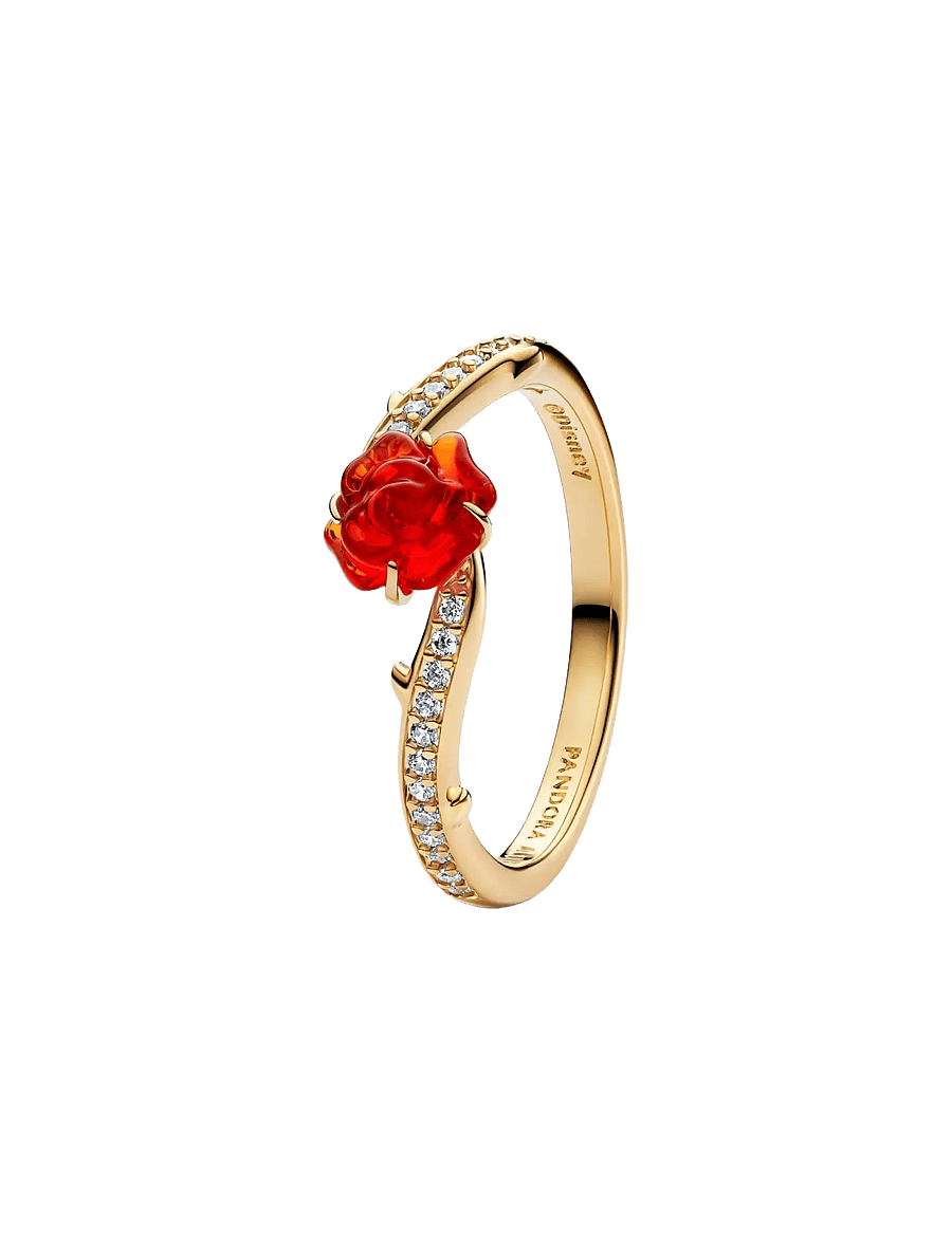 Pandora - Disney Beauty and The Beast Rose 14k gold-plated ring with clear cubic zirconia and red Murano glass - ringar - red - 1