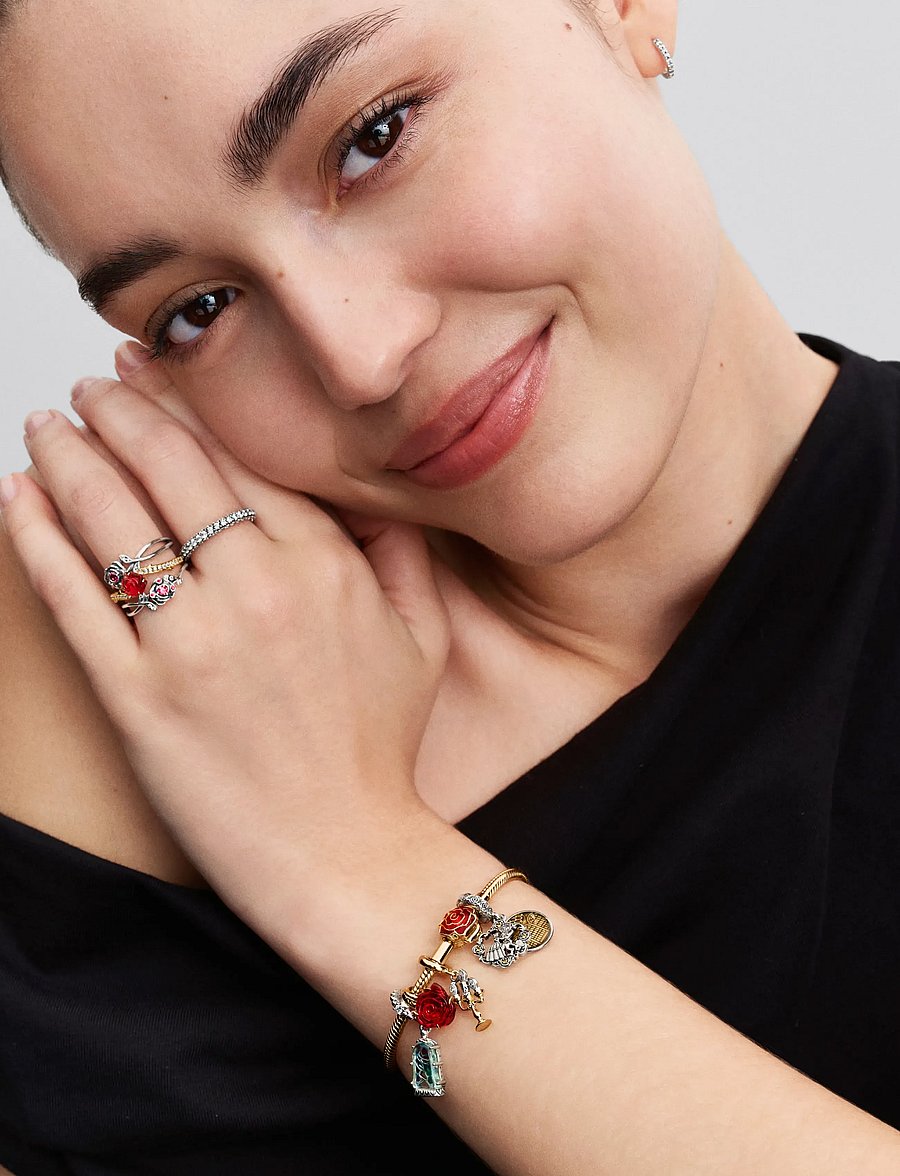 Pandora - Disney Beauty and The Beast Rose 14k gold-plated ring with clear cubic zirconia and red Murano glass - ringar - red - 2
