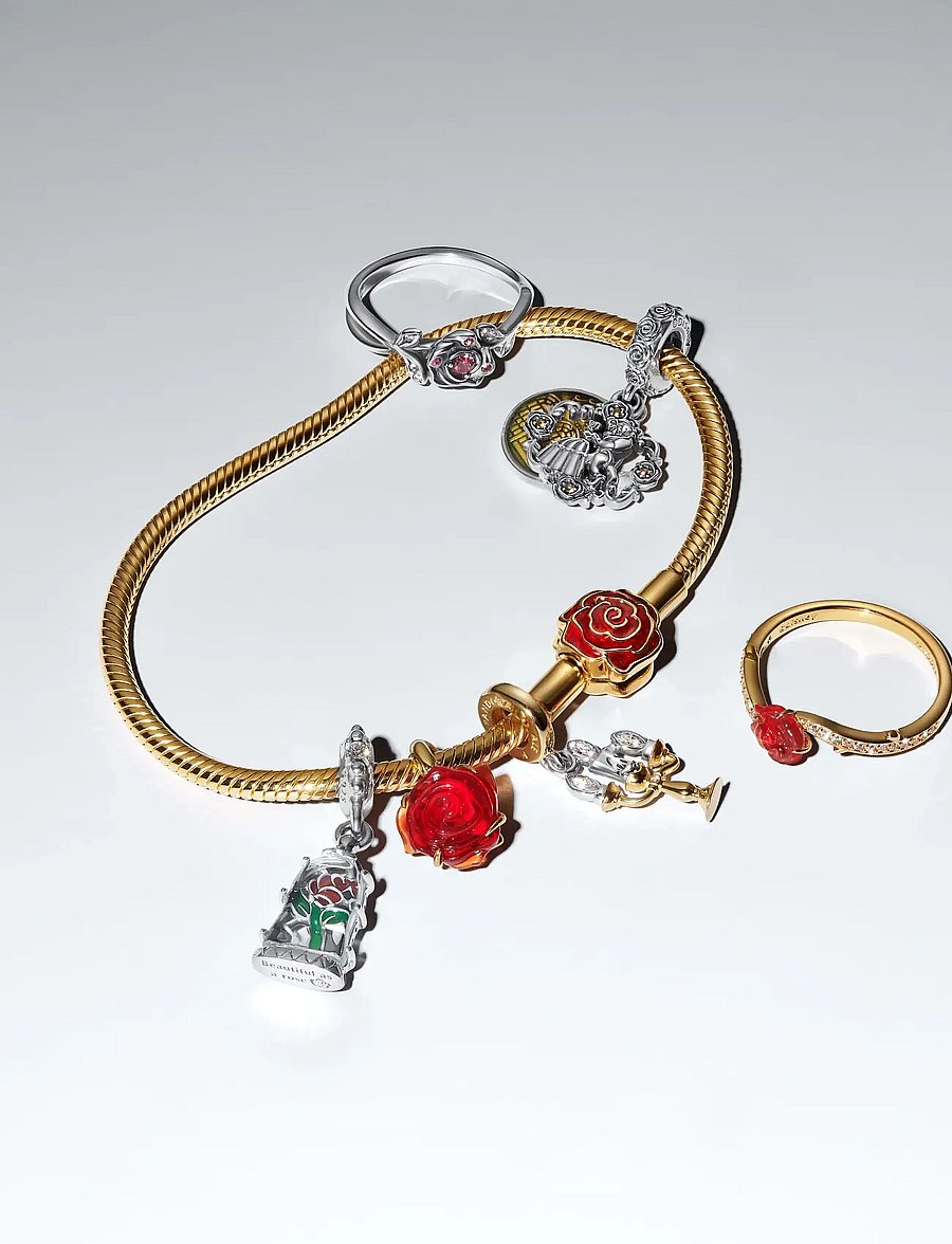 Pandora - Disney Beauty and The Beast Rose 14k gold-plated ring with clear cubic zirconia and red Murano glass - ringar - red - 3