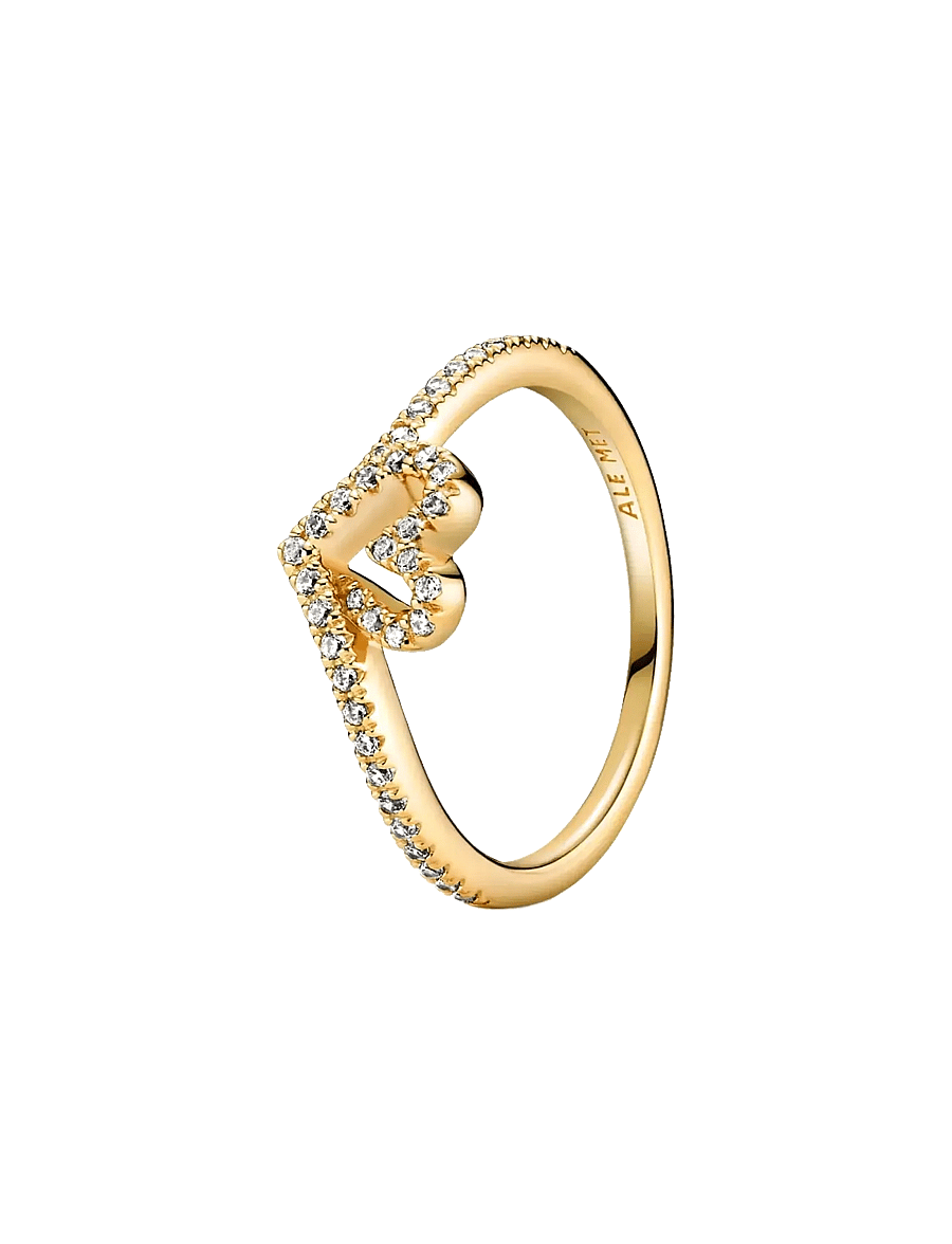 Pandora - Heart and wishbone 14k gold-plated ring with clear cubic zirconia - ringe - clear - 1