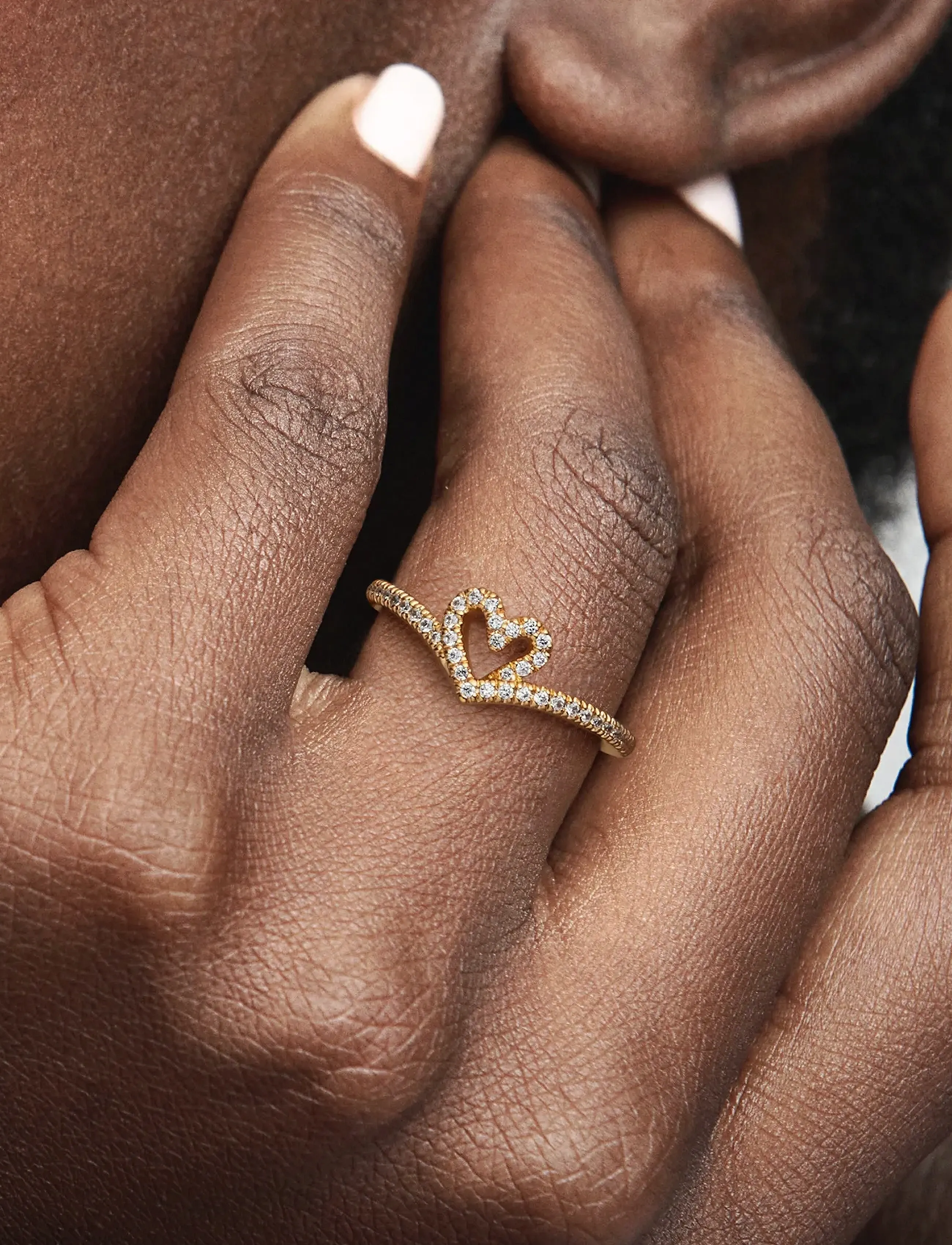 Pandora - Heart and wishbone 14k gold-plated ring with clear cubic zirconia - ringe - clear - 2