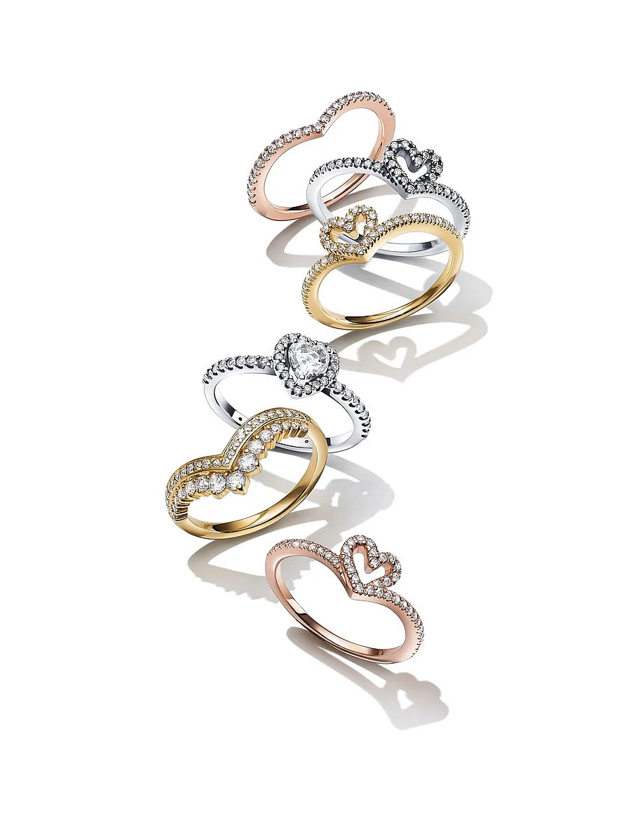 Pandora - Heart and wishbone 14k gold-plated ring with clear cubic zirconia - ringe - clear - 3