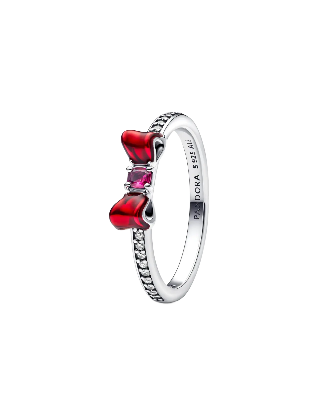 Disney Snow White bow sterling silver ring with fuchsia rose crystal, clear cubic zirconia and red e - RED