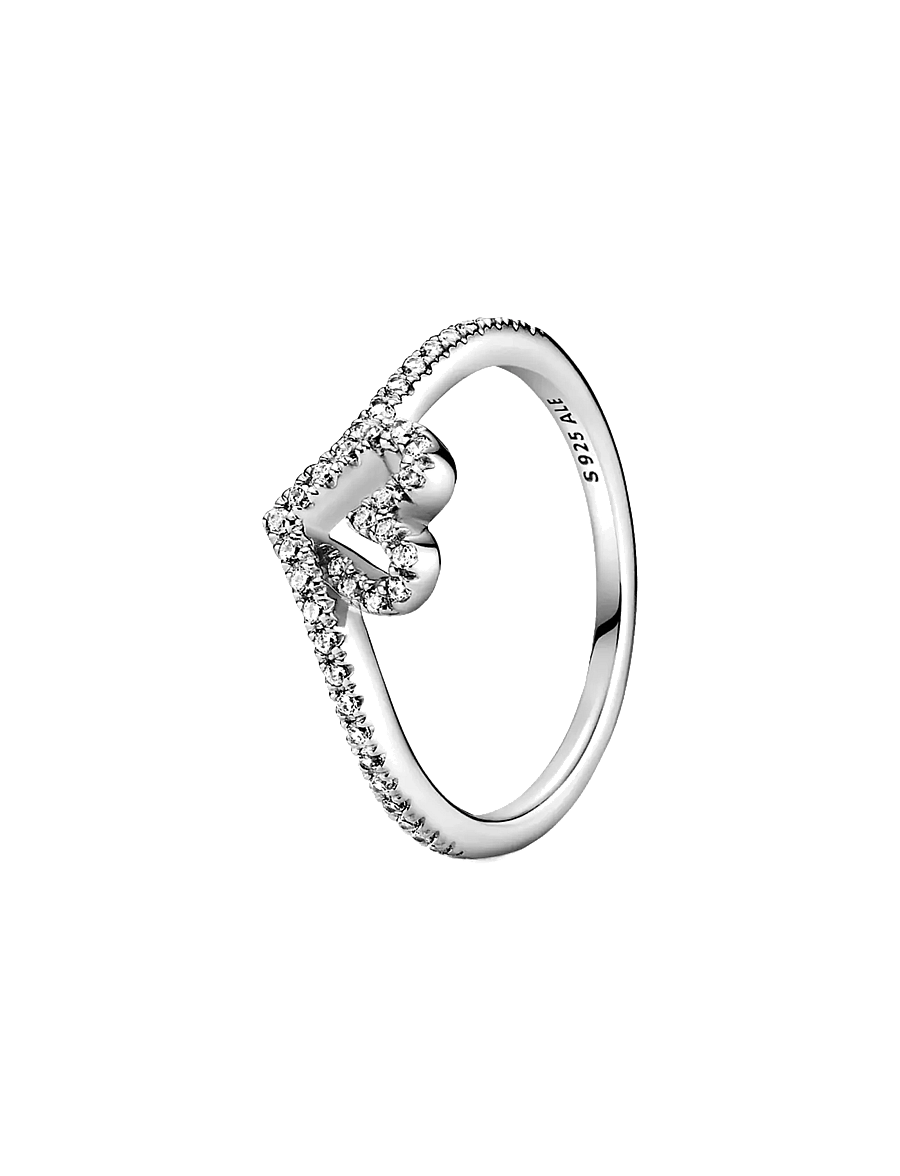 Pandora - Heart and wishbone sterling silver ring with clear cubic zirconia - bagues - clear - 1