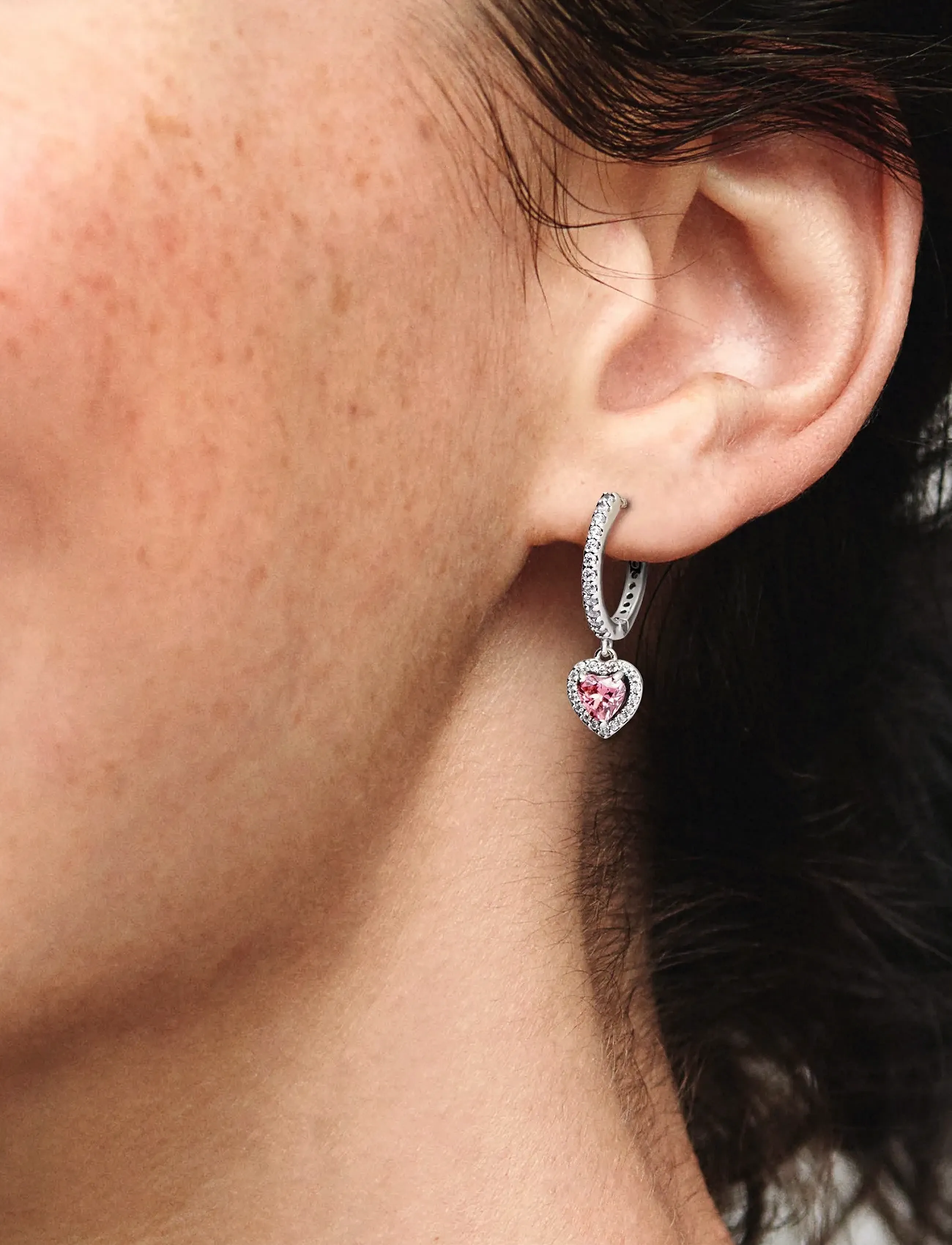 Pandora - Heart sterling silver hoop earrings with fancy pink and clear cubic zirconia - cerceaux - pink - 2