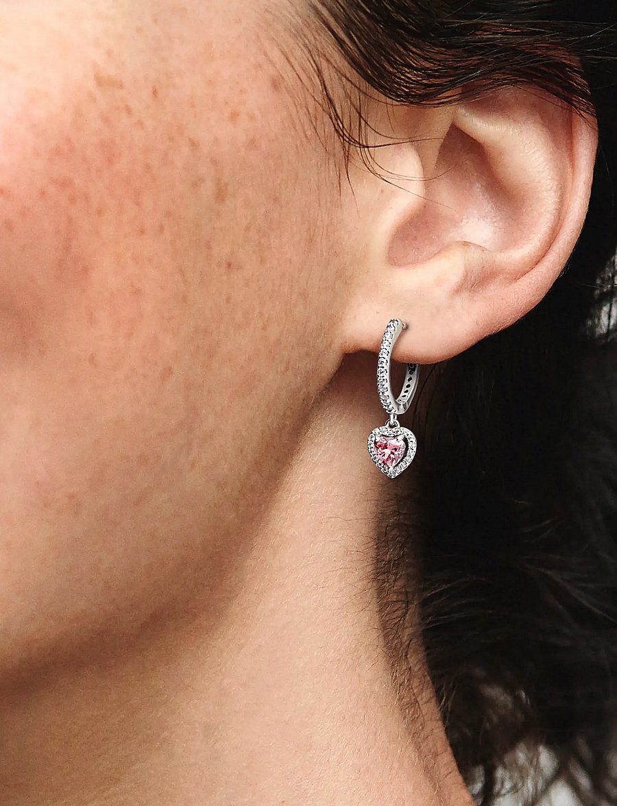 Pandora - Heart sterling silver hoop earrings with fancy pink and clear cubic zirconia - cerceaux - pink - 2